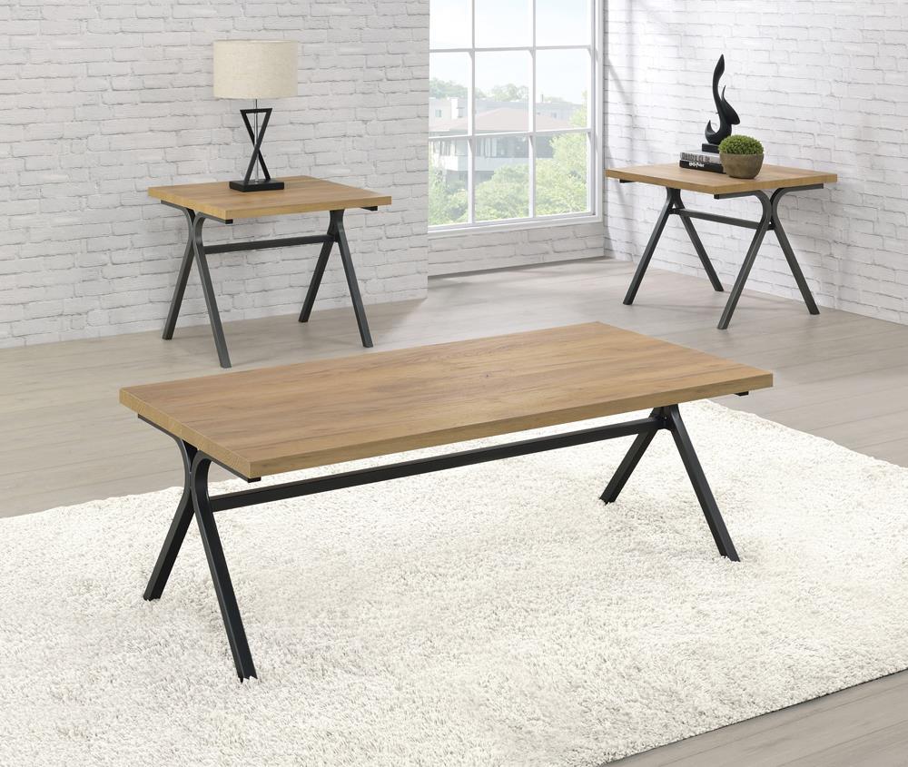 Colmar 3-piece Trestle Occasional Table Set Golden Oak and Gunmetal - Luxury Home Furniture (MI)