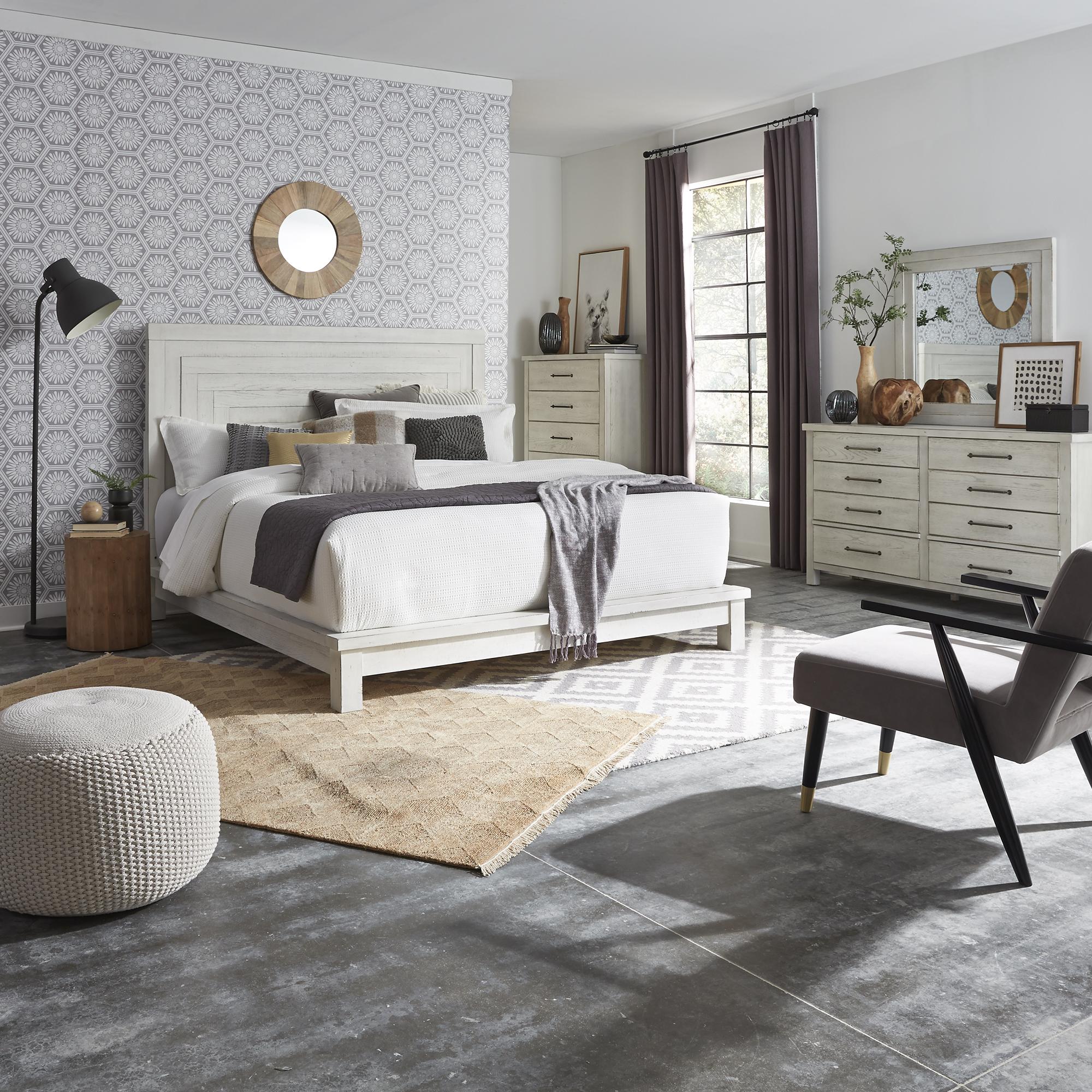 Modern Farmhouse Queen Platform Bed, Dresser & Mirror, Chest