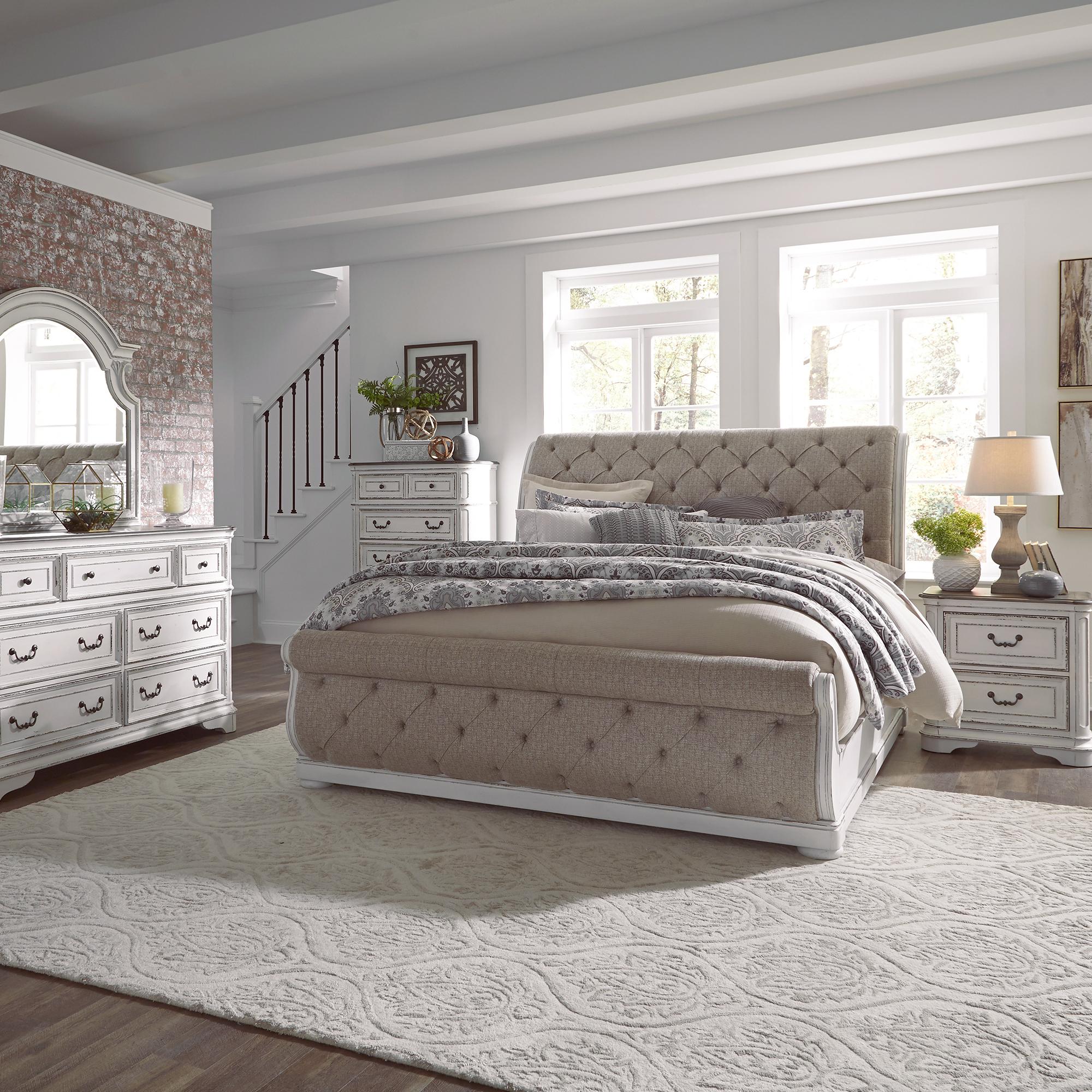 Magnolia Manor King Uph Sleigh Bed, Dresser & Mirror, Chest, Nightstand