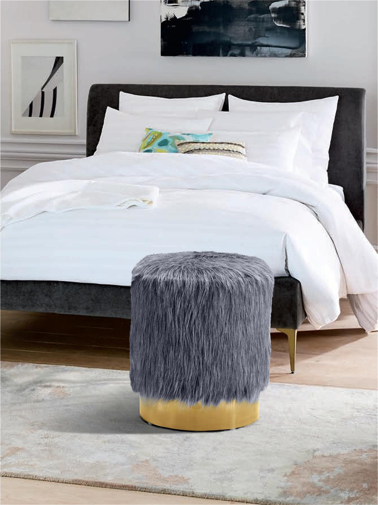 Joy Grey Faux Fur Ottoman/Stool - Luxury Home Furniture (MI)