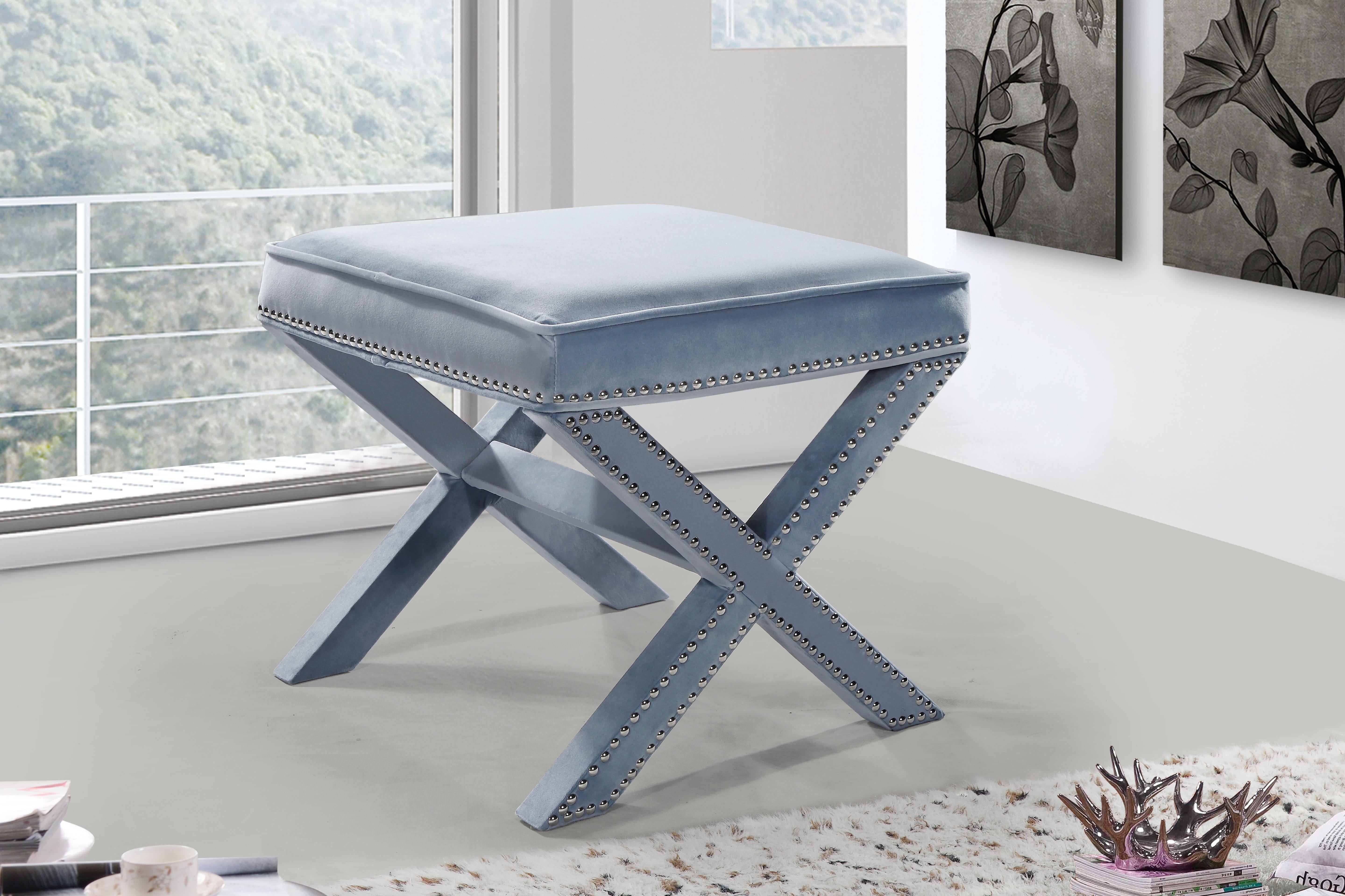 Nixon Sky Blue Velvet Ottoman/Bench - Luxury Home Furniture (MI)