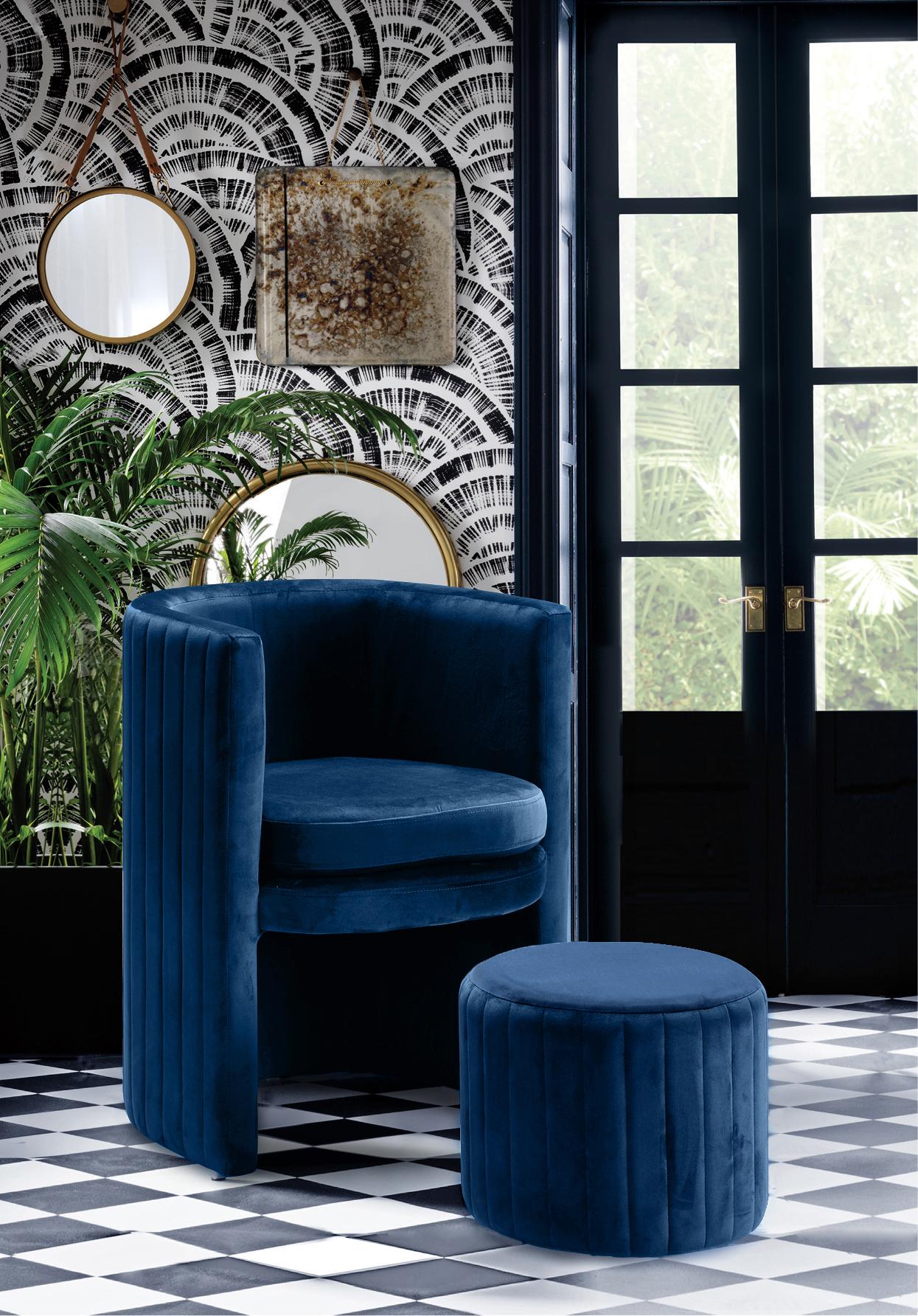 Selena Navy Velvet Accent Chair and Ottoman Set - Luxury Home Furniture (MI)