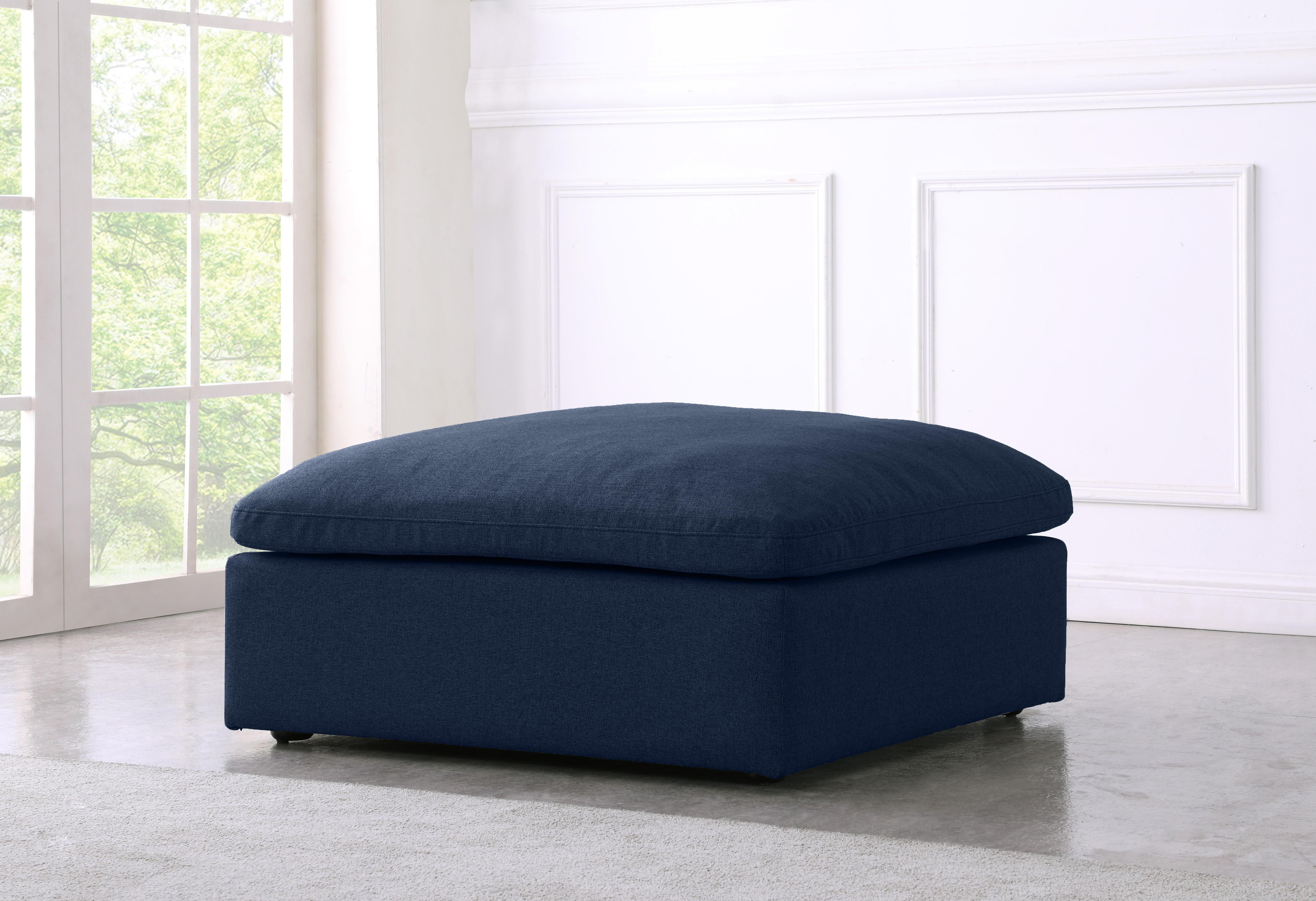 Serene Navy Linen Fabric Deluxe Cloud Ottoman - Luxury Home Furniture (MI)
