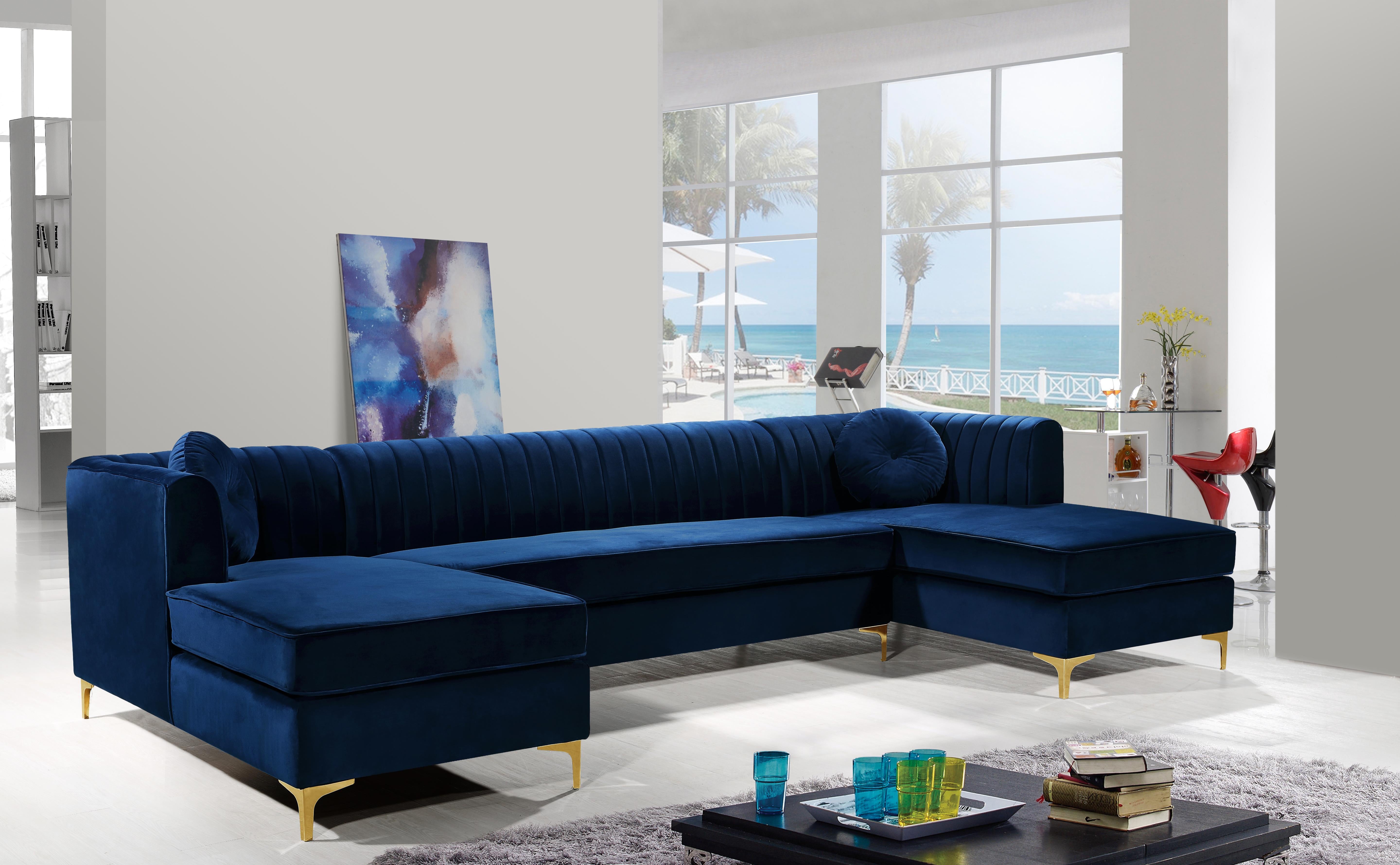 Graham Navy Velvet 3pc. Sectional - Luxury Home Furniture (MI)