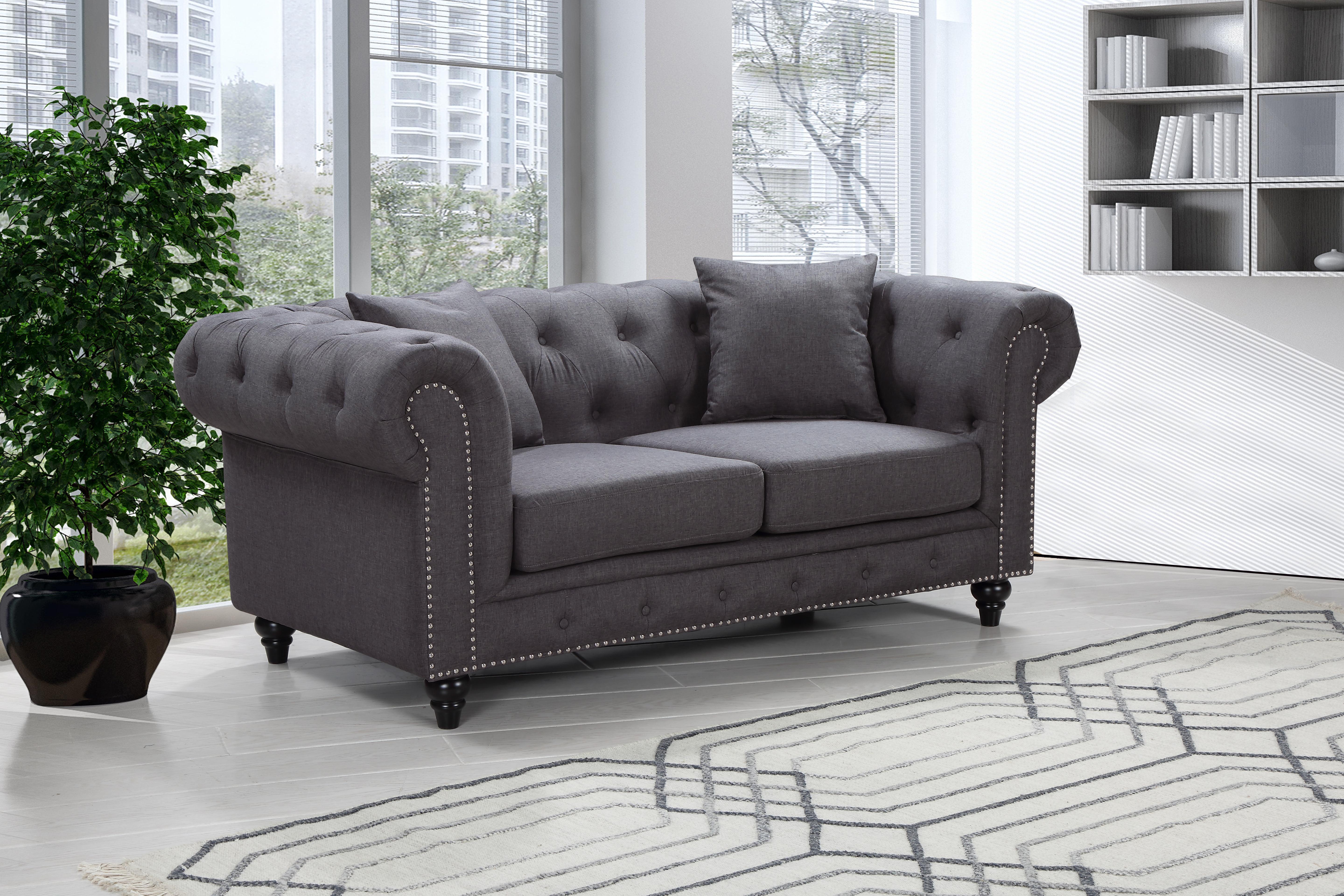 Chesterfield Grey Linen Loveseat - Luxury Home Furniture (MI)