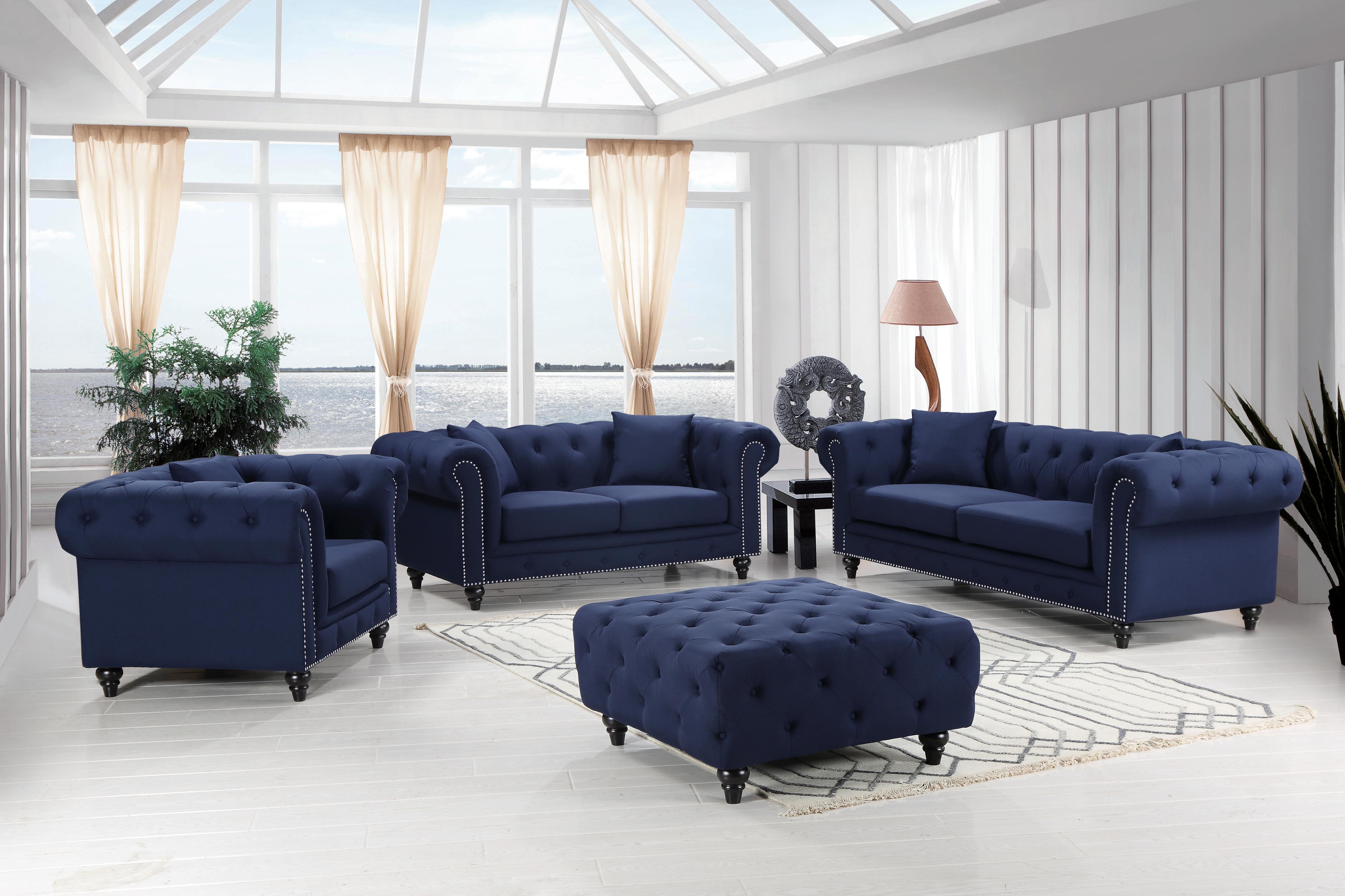 Chesterfield Navy Linen Loveseat - Luxury Home Furniture (MI)