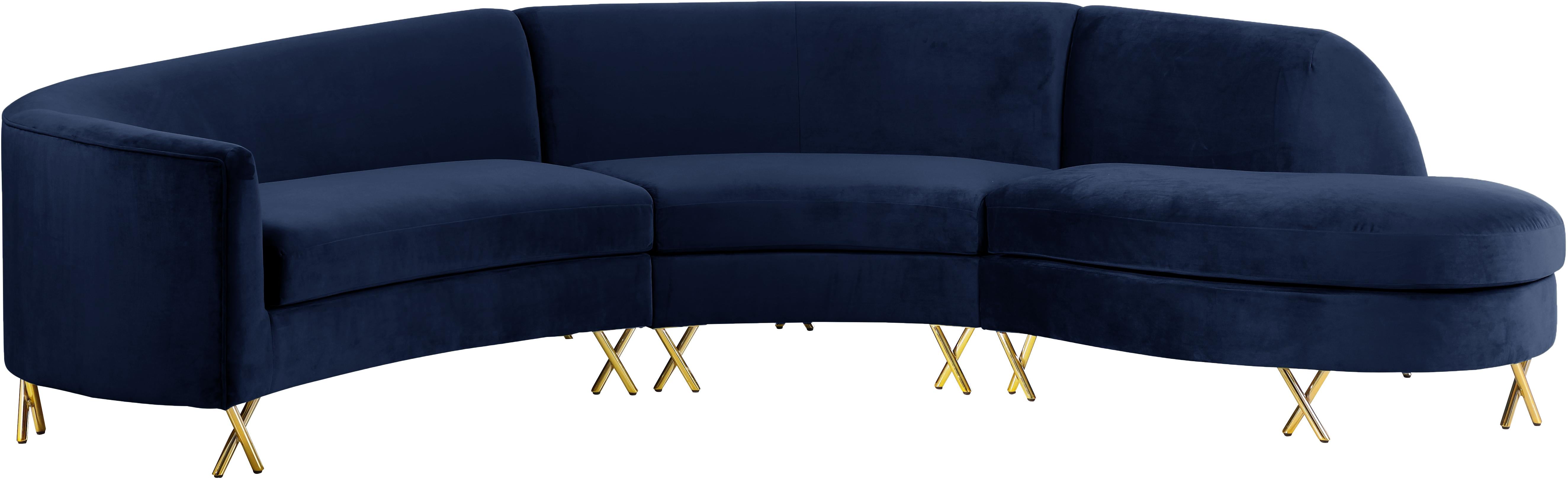Serpentine Navy Velvet 3pc. Sectional - Luxury Home Furniture (MI)