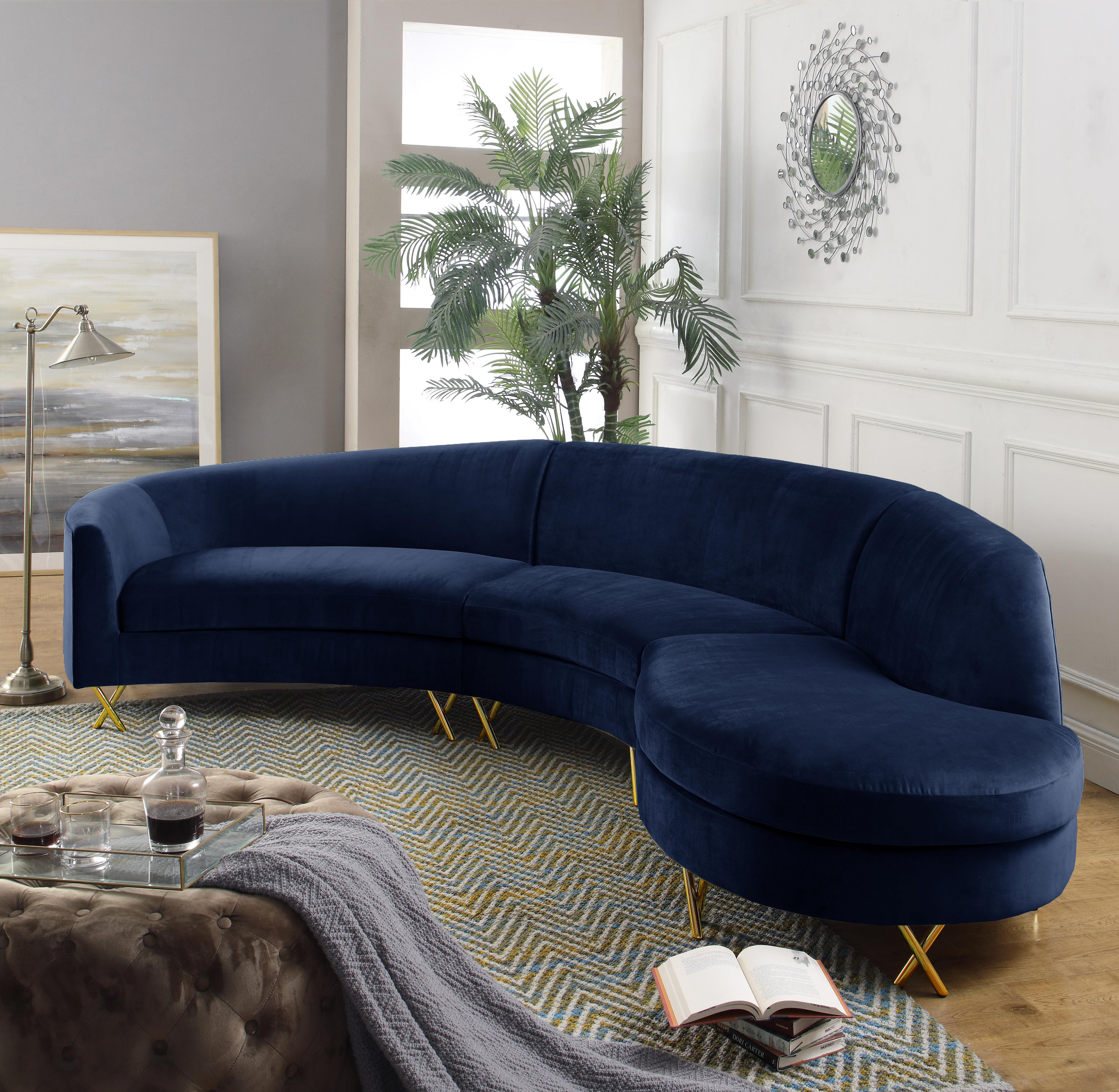 Serpentine Navy Velvet 3pc. Sectional - Luxury Home Furniture (MI)