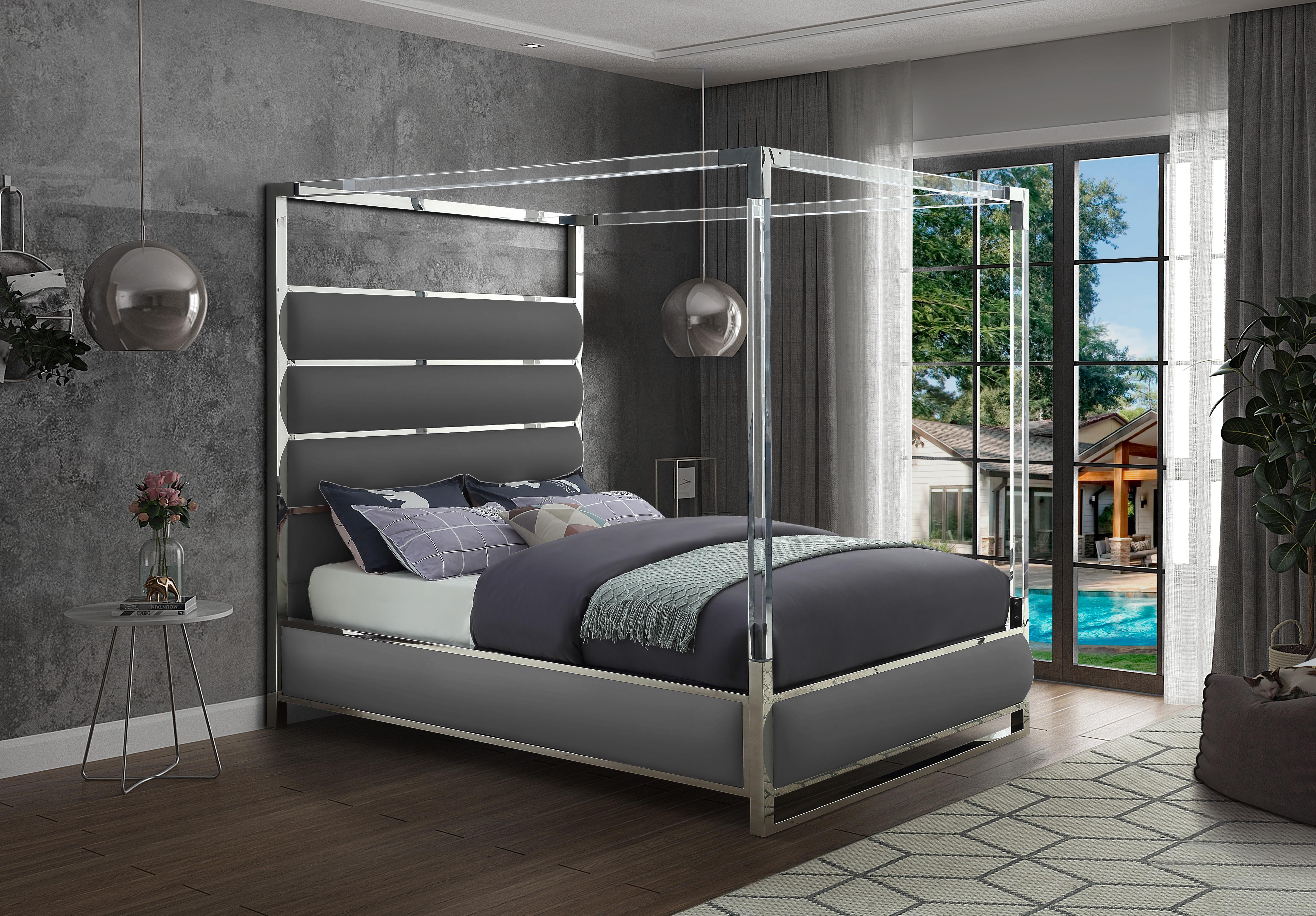 Encore Grey Faux Leather Queen Bed (4 Boxes) - Luxury Home Furniture (MI)