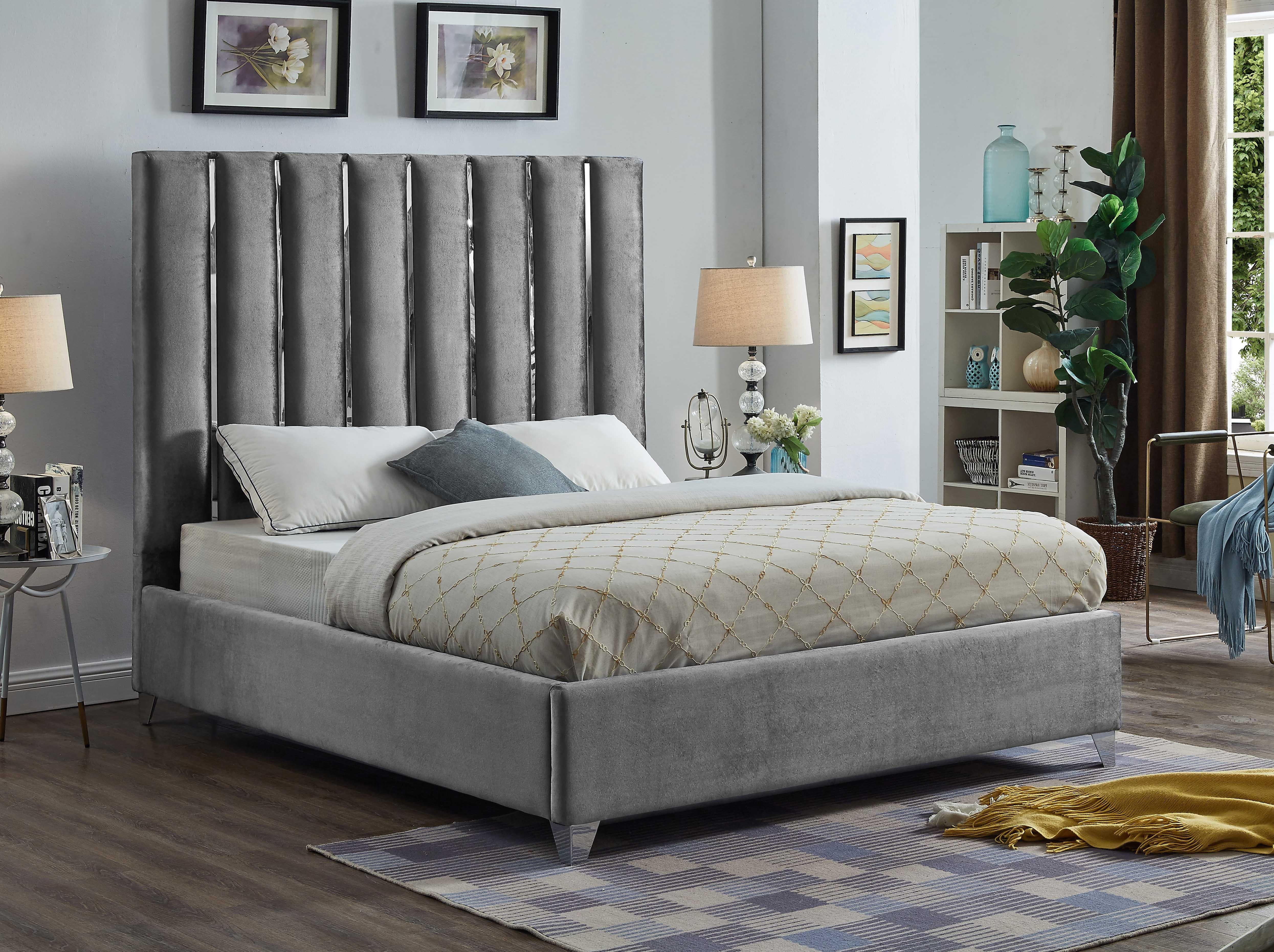 Enzo Grey Velvet Queen Bed - Luxury Home Furniture (MI)