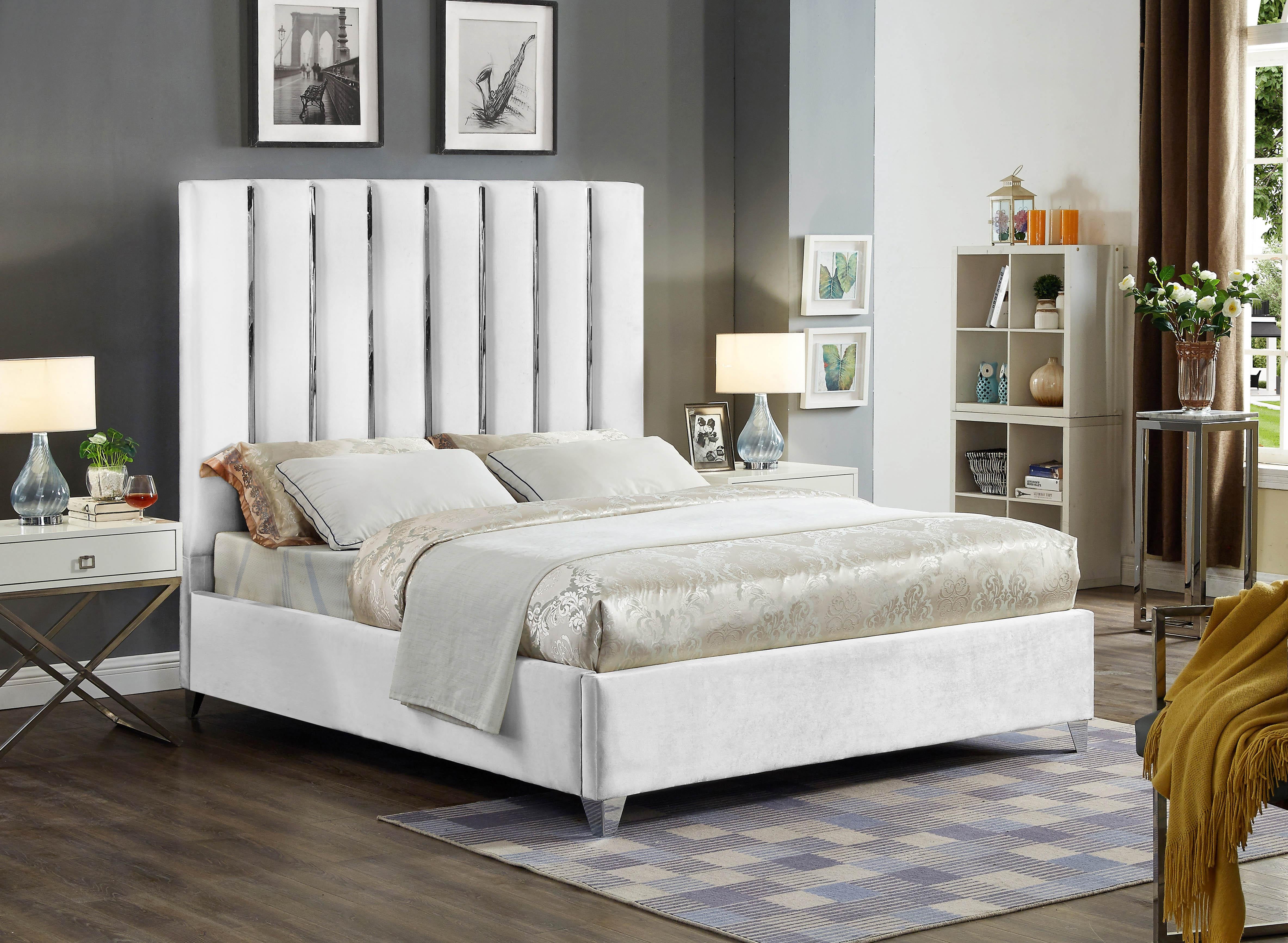Enzo White Velvet Queen Bed - Luxury Home Furniture (MI)