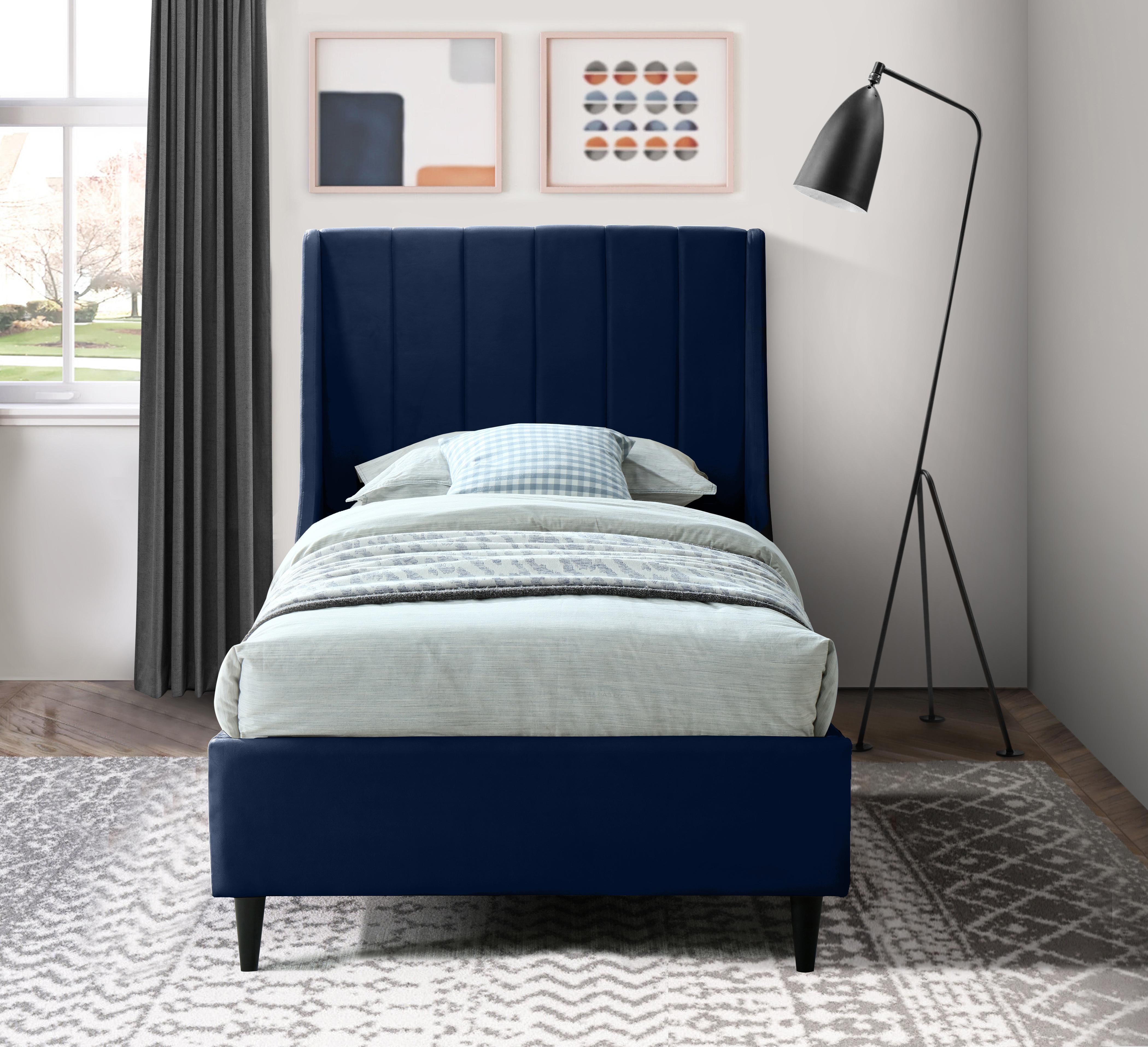 Eva Navy Velvet Twin Bed - Luxury Home Furniture (MI)