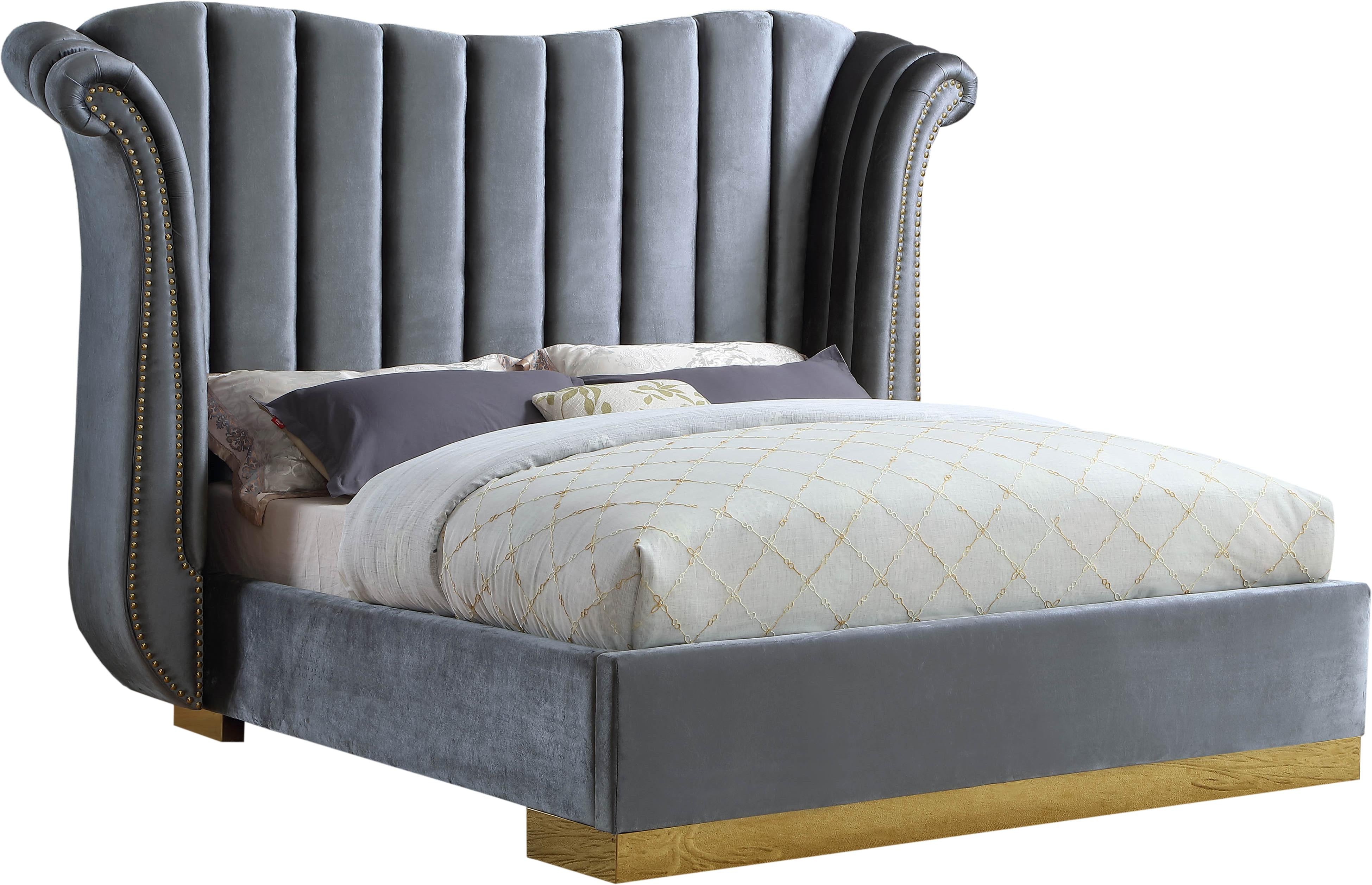 Flora Grey Velvet King Bed (3 Boxes) - Luxury Home Furniture (MI)