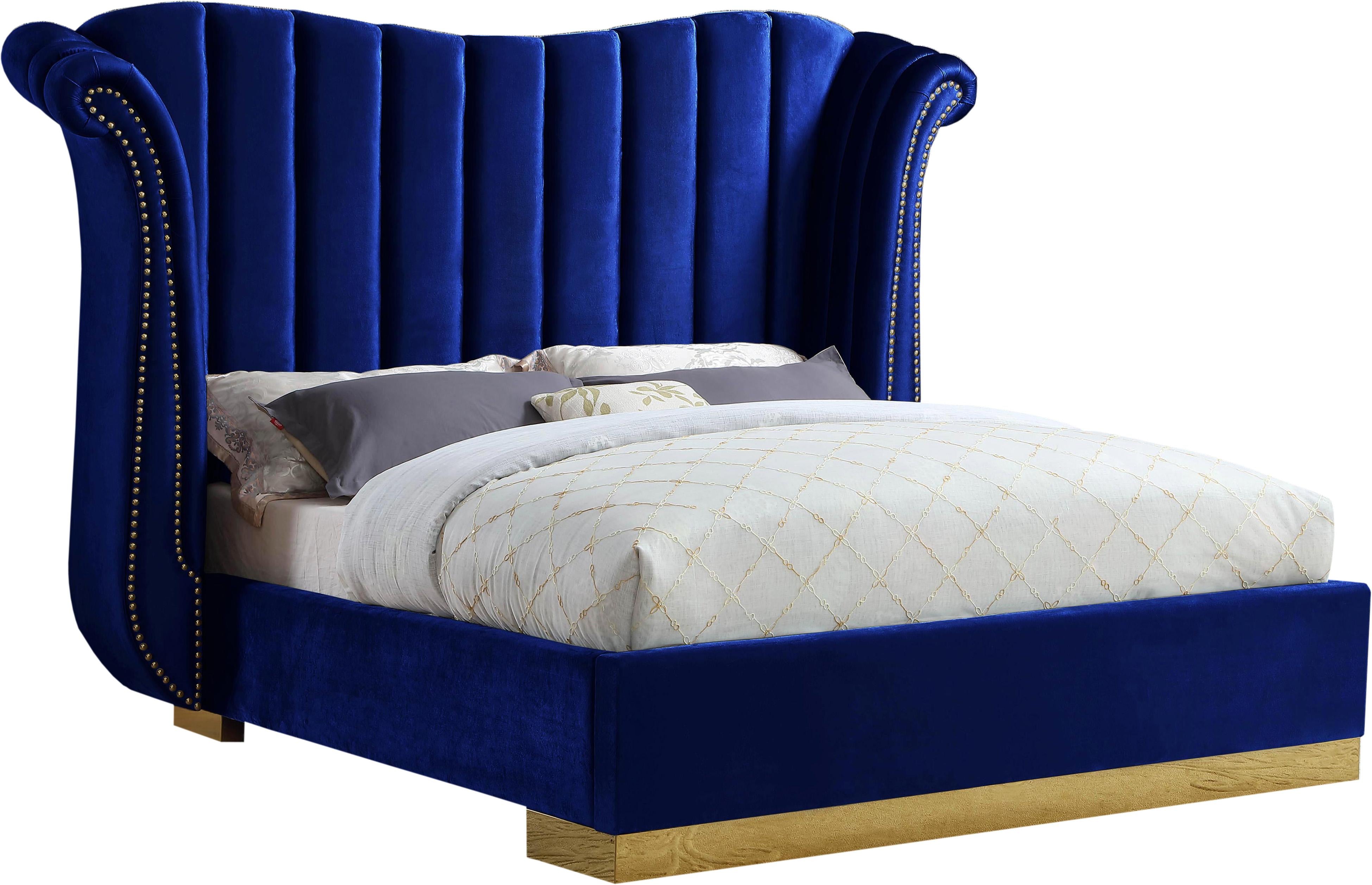 Flora Navy Velvet King Bed (3 Boxes) - Luxury Home Furniture (MI)