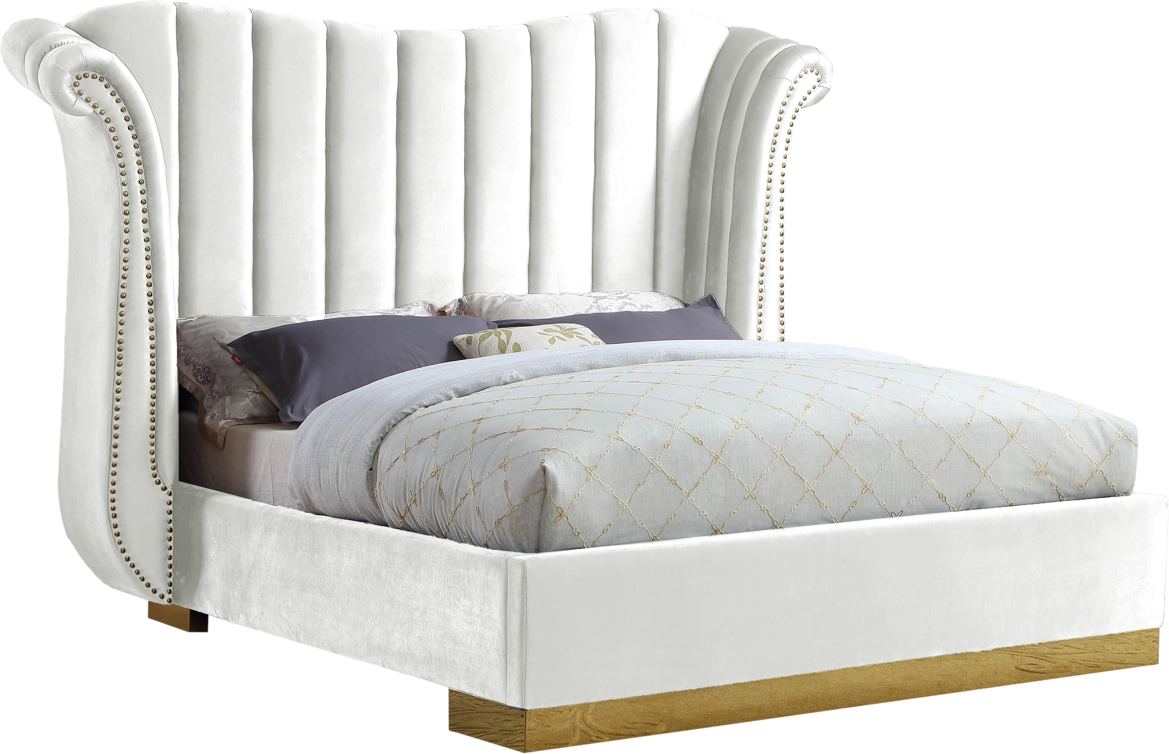 Flora White Velvet King Bed (3 Boxes) - Luxury Home Furniture (MI)