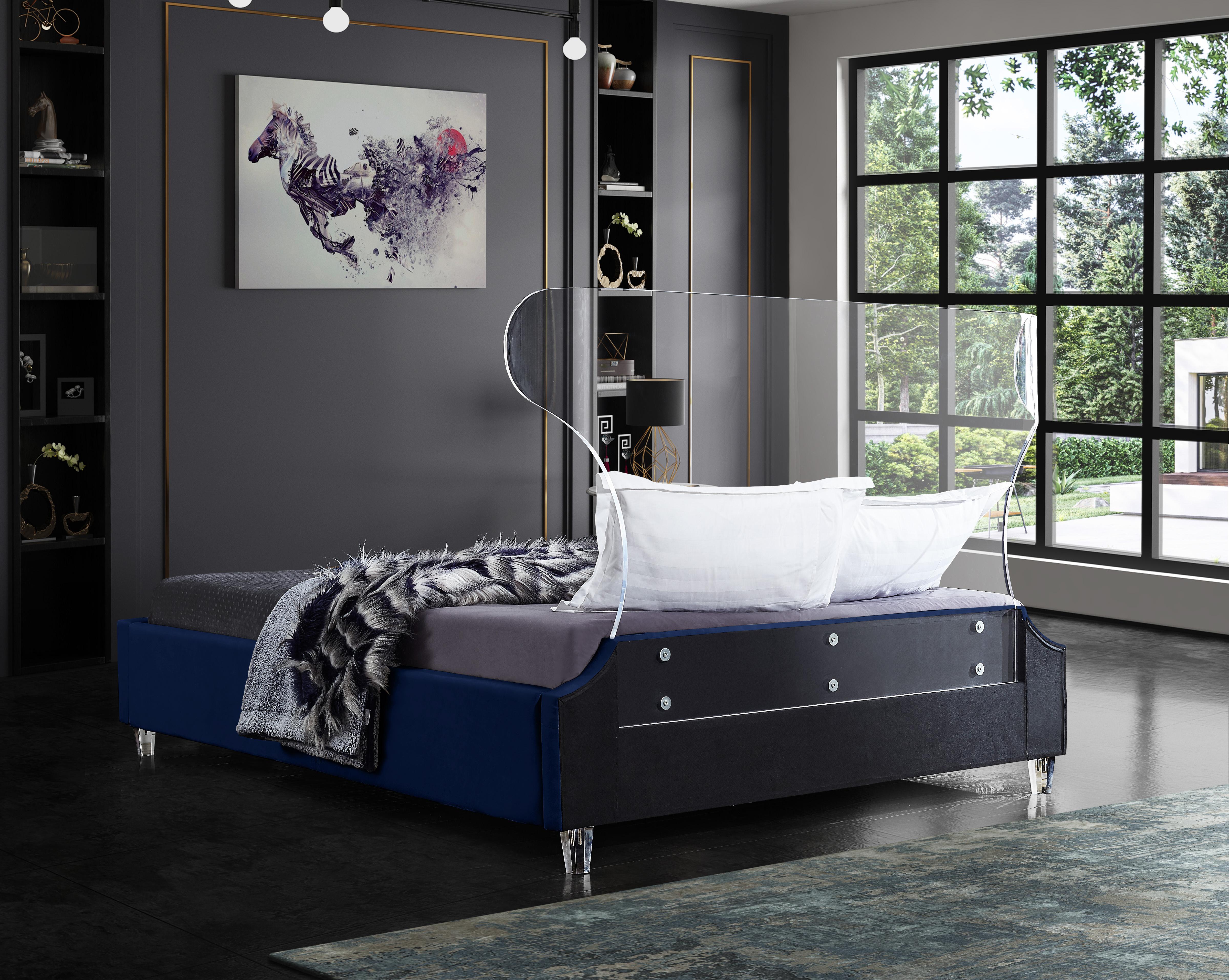 Ghost Navy Velvet Queen Bed - Luxury Home Furniture (MI)