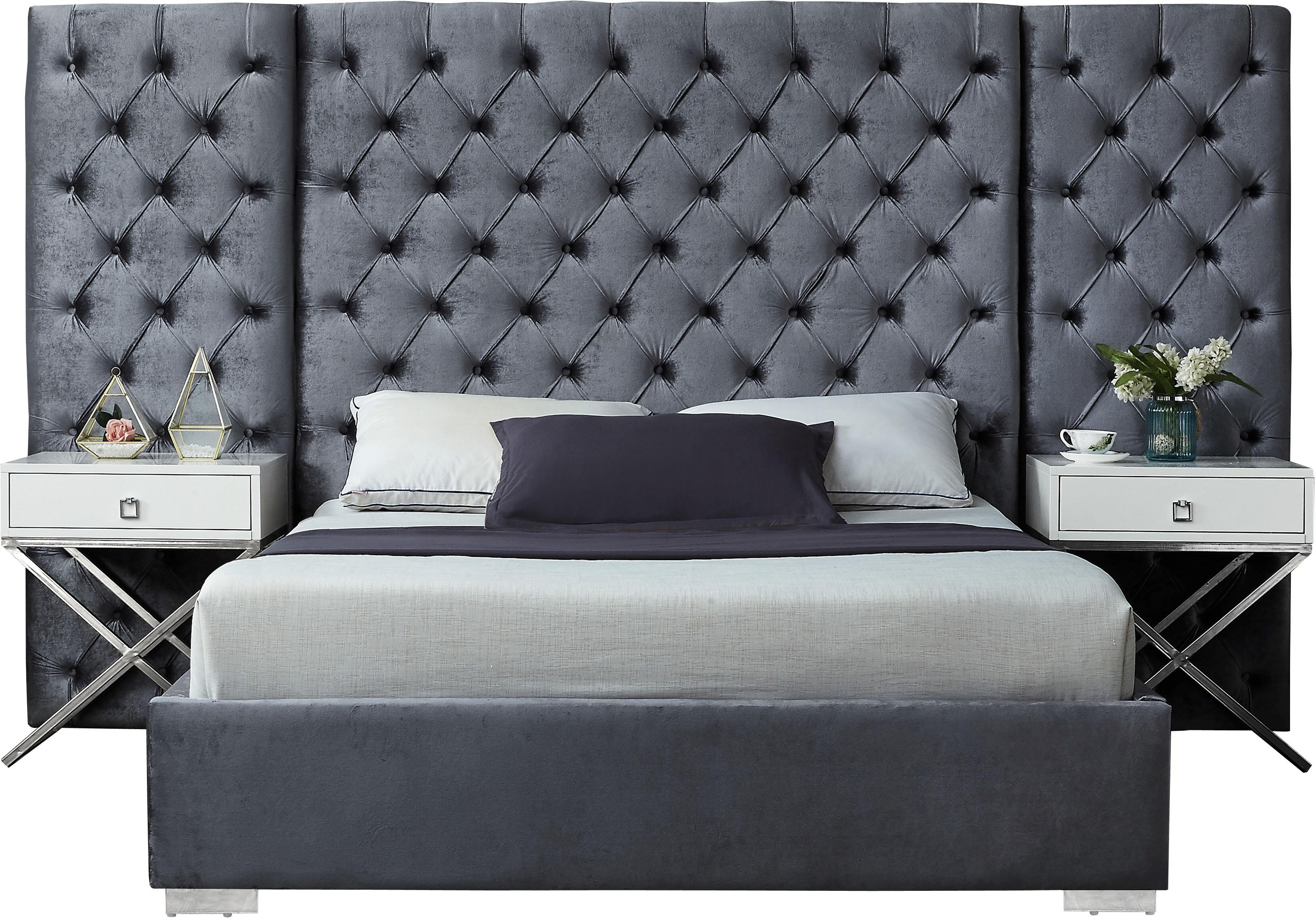 Grande Grey Velvet Queen Bed (3 Boxes) - Luxury Home Furniture (MI)