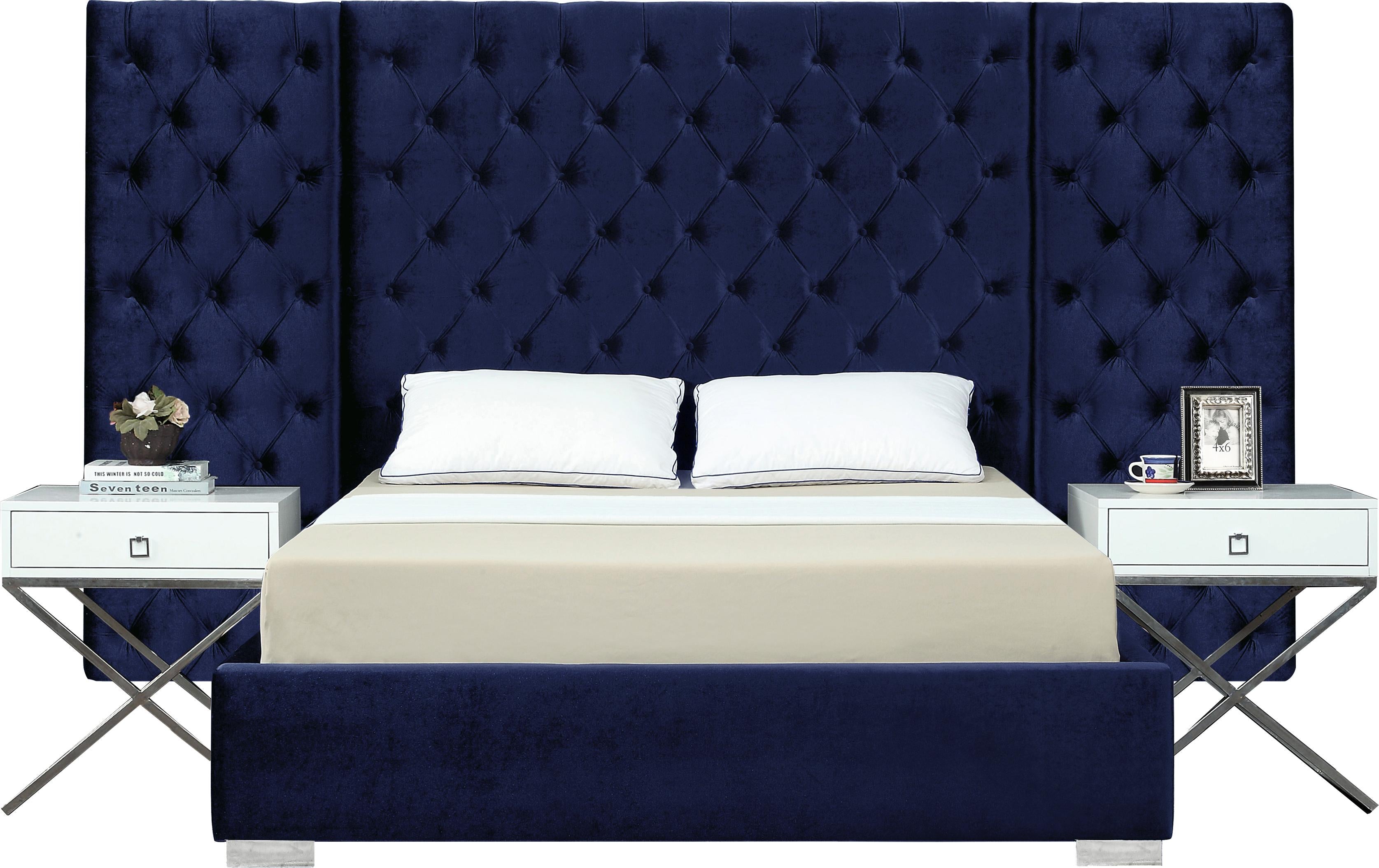Grande Navy Velvet Queen Bed (3 Boxes) - Luxury Home Furniture (MI)
