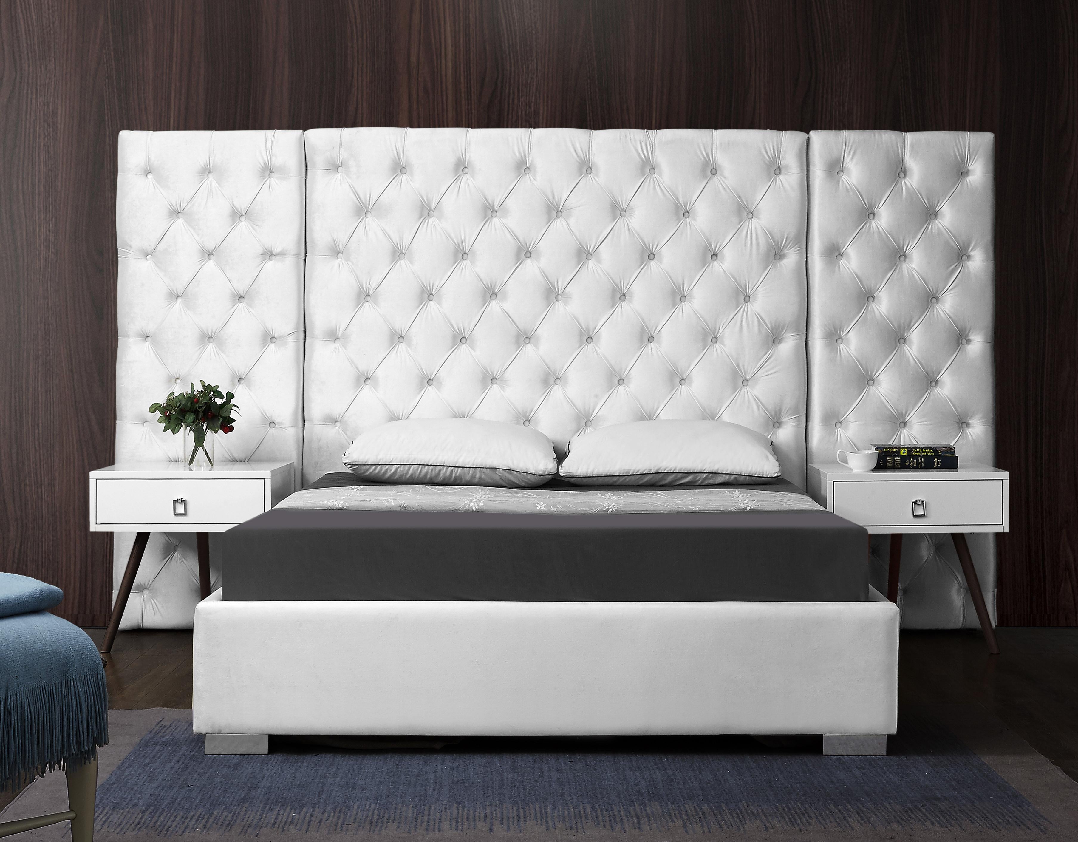 Grande White Velvet Queen Bed (3 Boxes) - Luxury Home Furniture (MI)