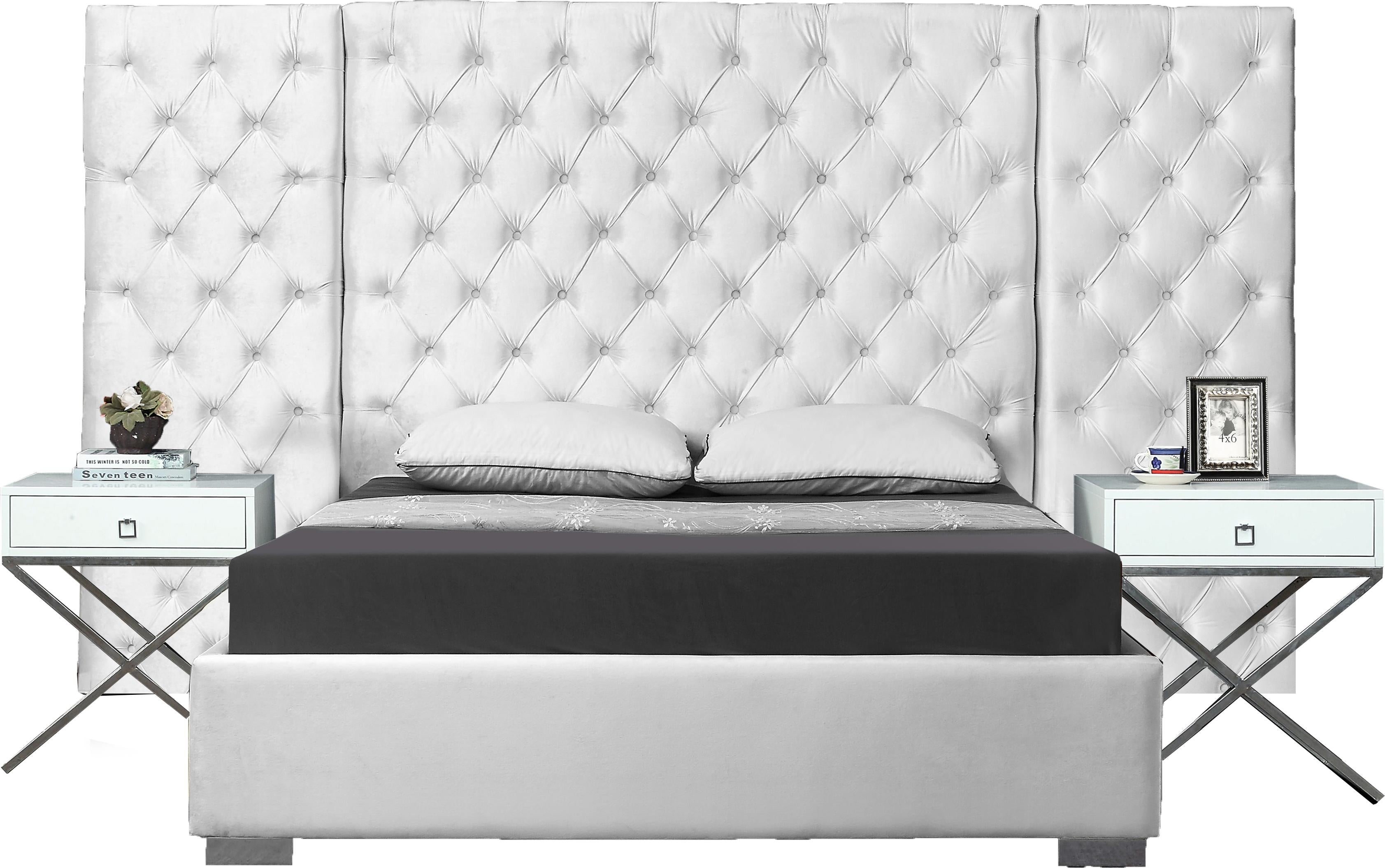 Grande White Velvet Queen Bed (3 Boxes) - Luxury Home Furniture (MI)