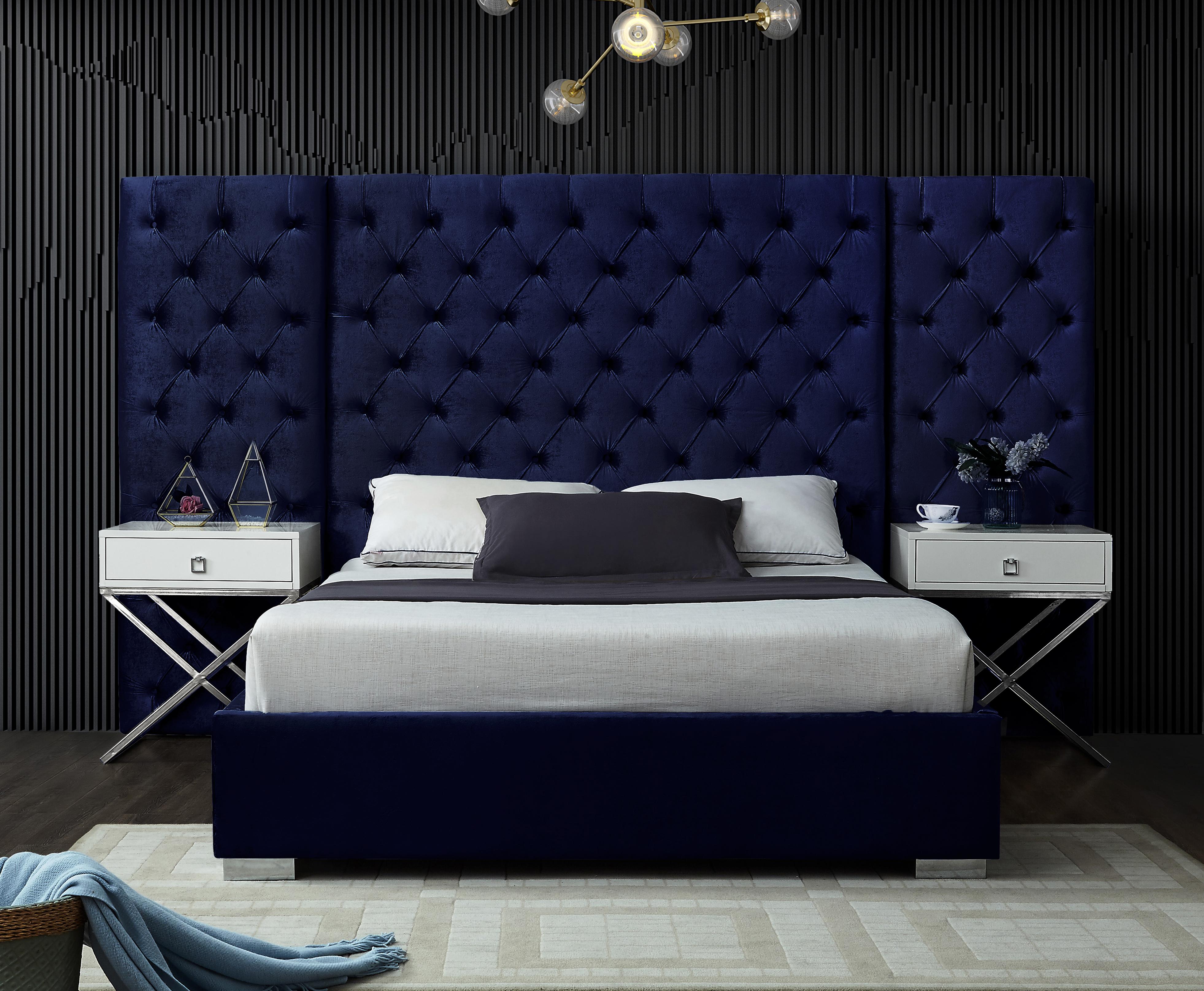 Grande Navy Velvet Queen Bed (3 Boxes) - Luxury Home Furniture (MI)