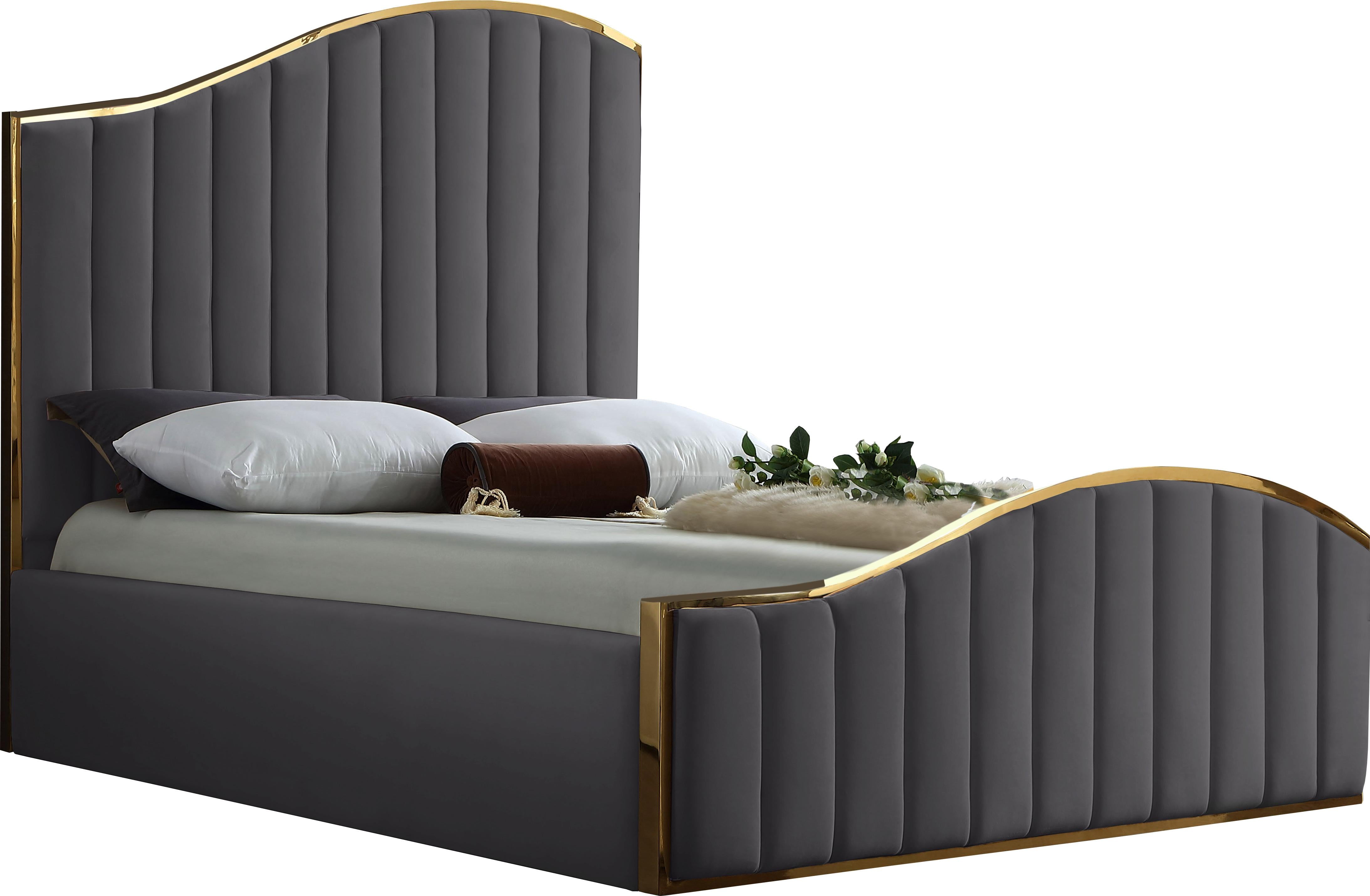 Jolie Grey Velvet Queen Bed (3 Boxes) - Luxury Home Furniture (MI)