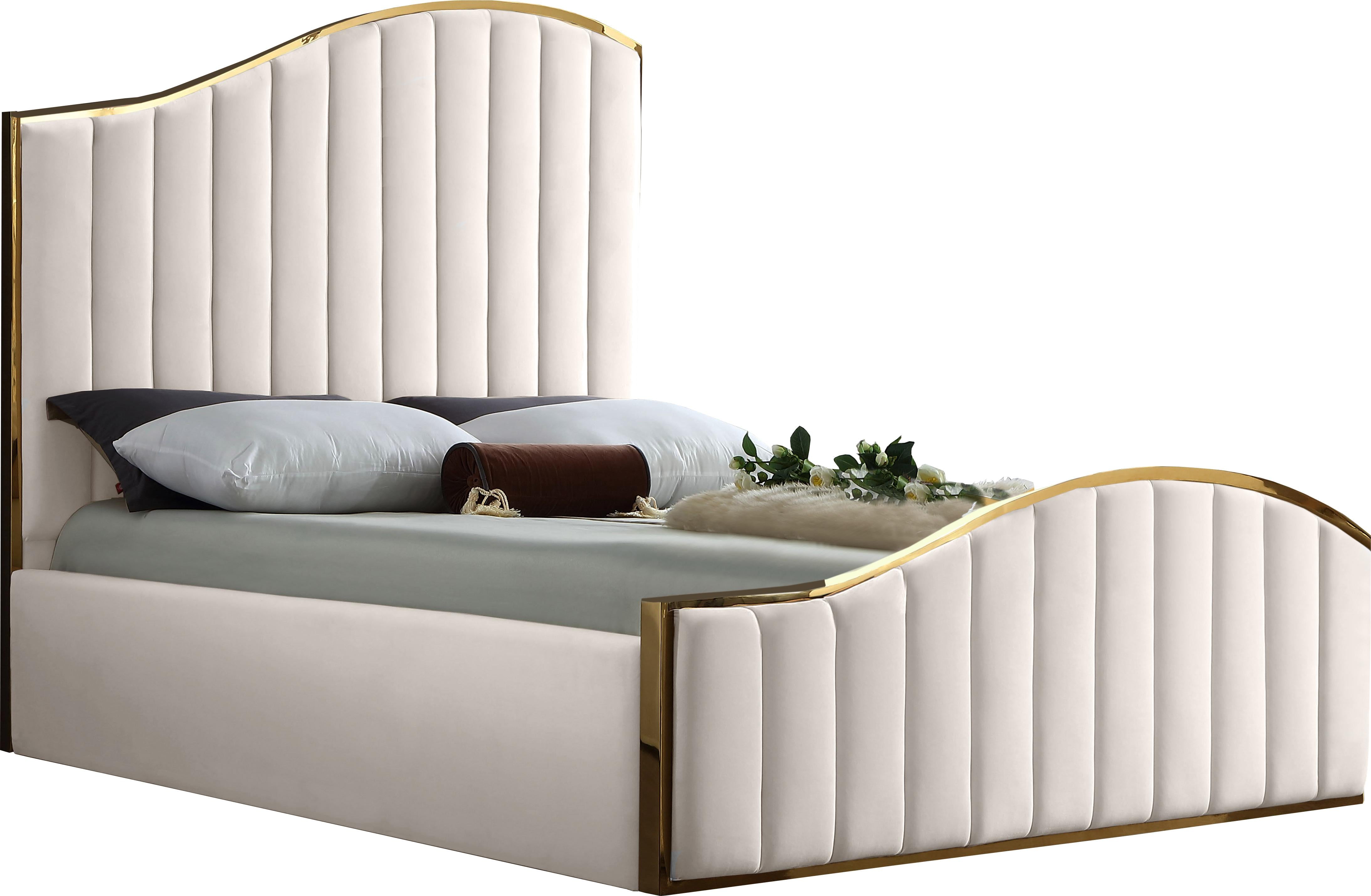 Jolie Cream Velvet Queen Bed (3 Boxes) - Luxury Home Furniture (MI)