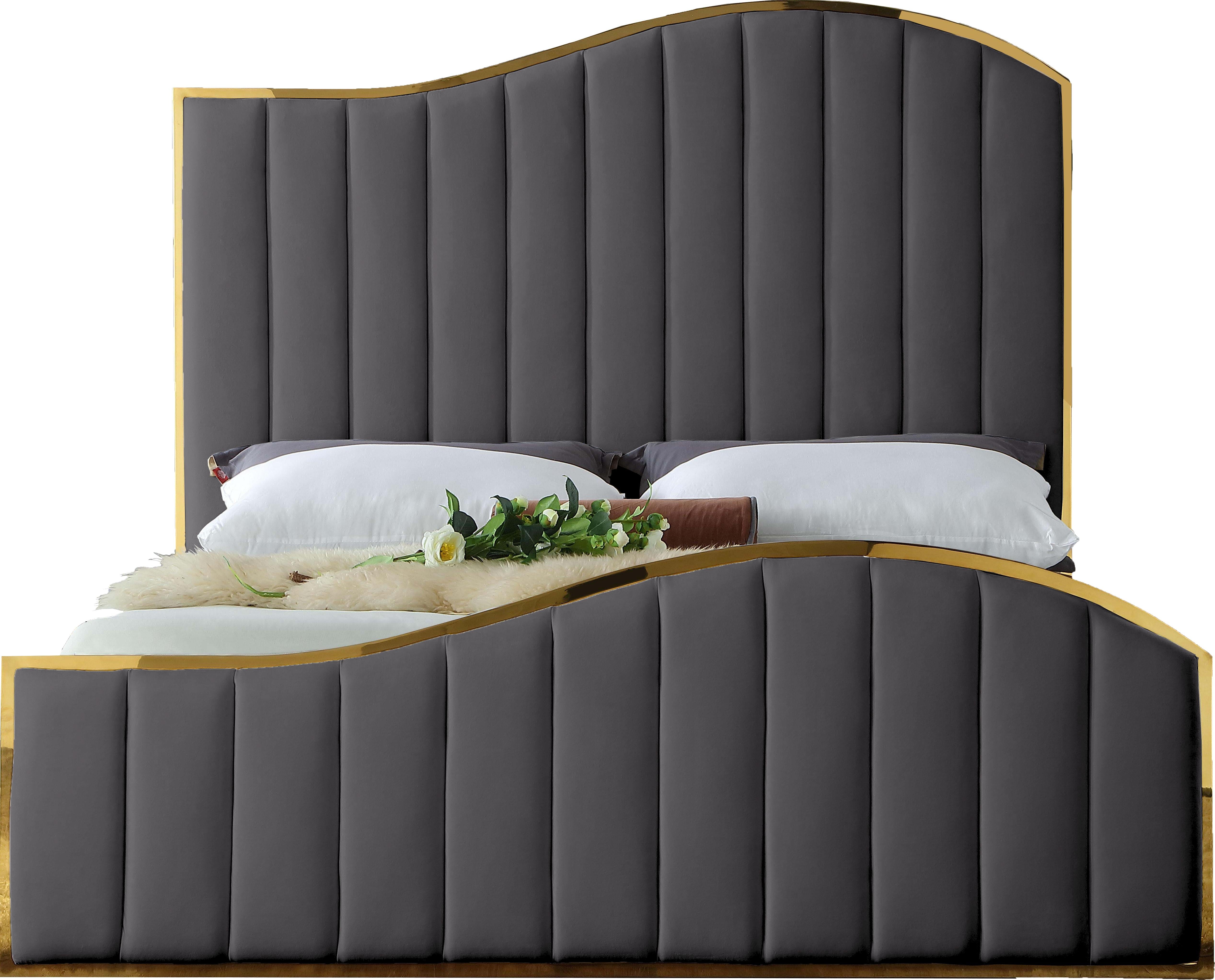 Jolie Grey Velvet Queen Bed (3 Boxes) - Luxury Home Furniture (MI)