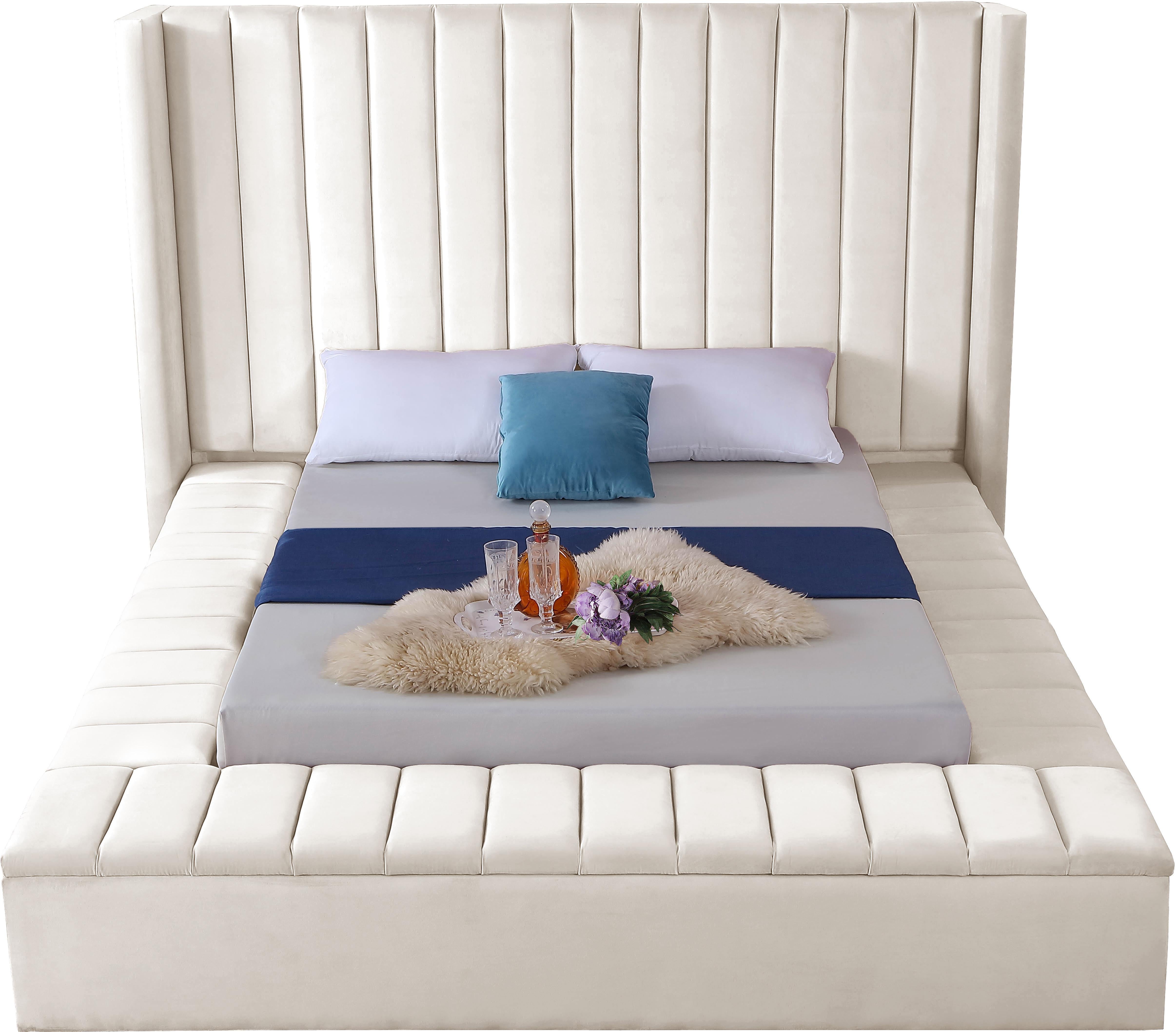 Kiki Cream Velvet Queen Bed (3 Boxes) - Luxury Home Furniture (MI)