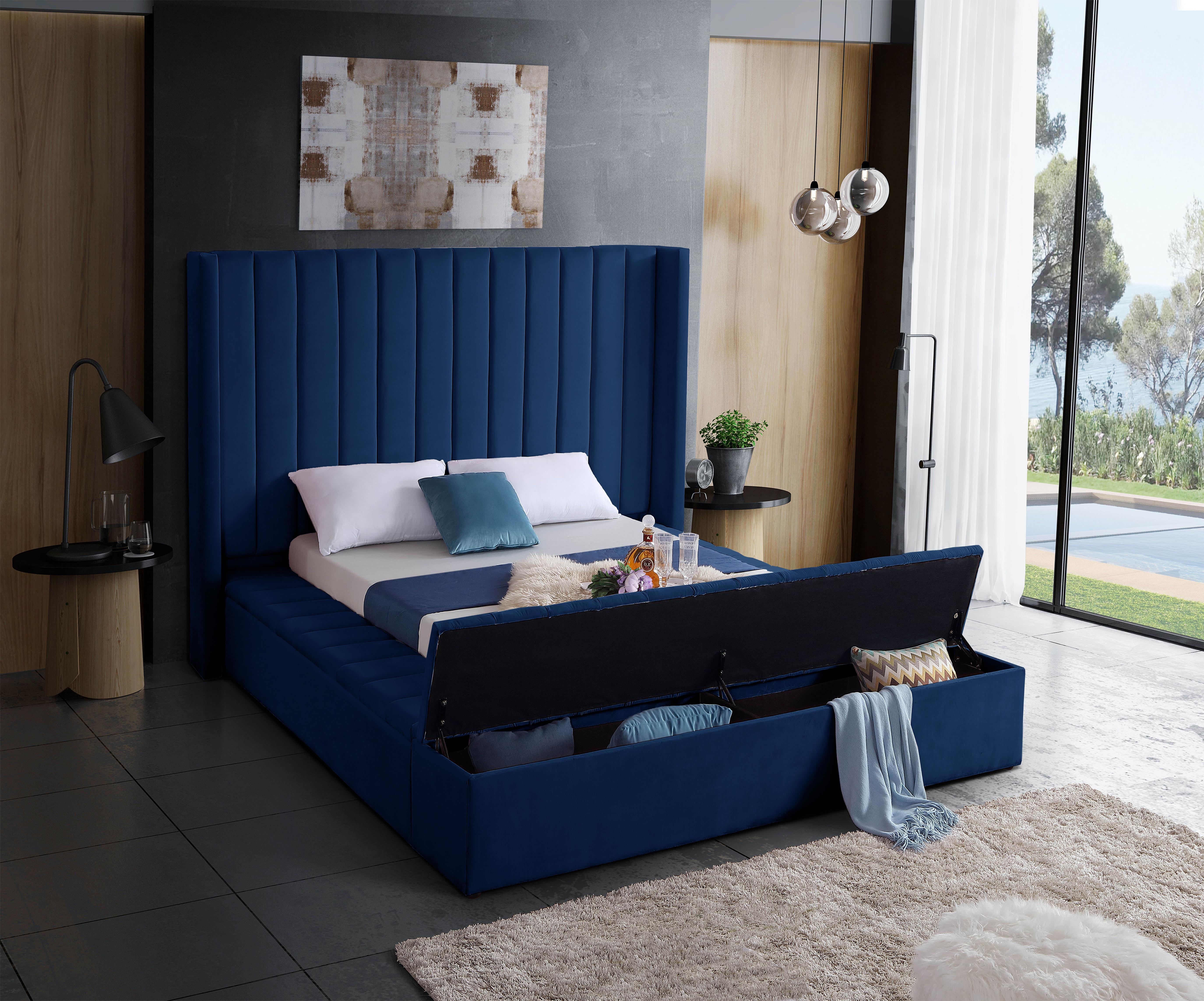 Kiki Navy Velvet Queen Bed (3 Boxes) - Luxury Home Furniture (MI)