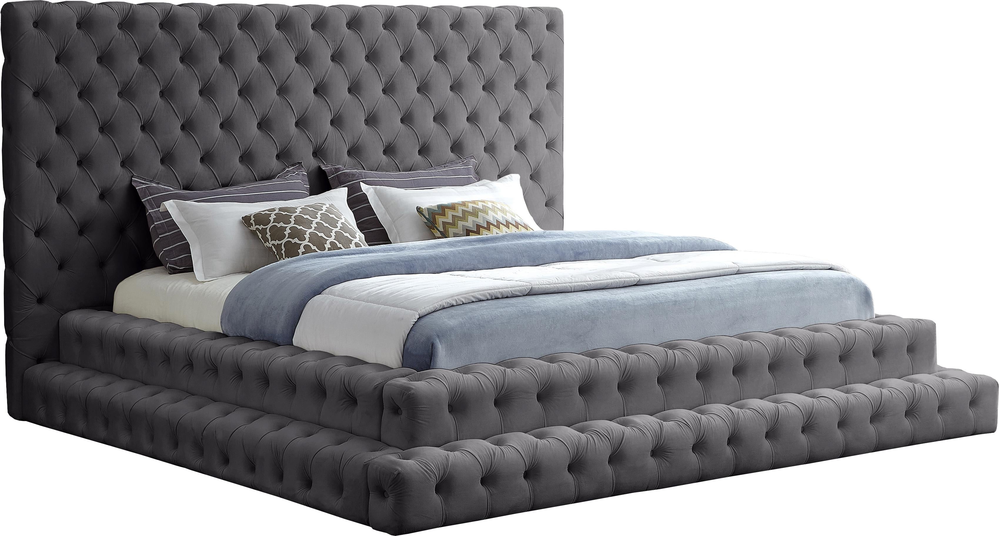 Revel Grey Velvet King Bed (3 Boxes) - Luxury Home Furniture (MI)