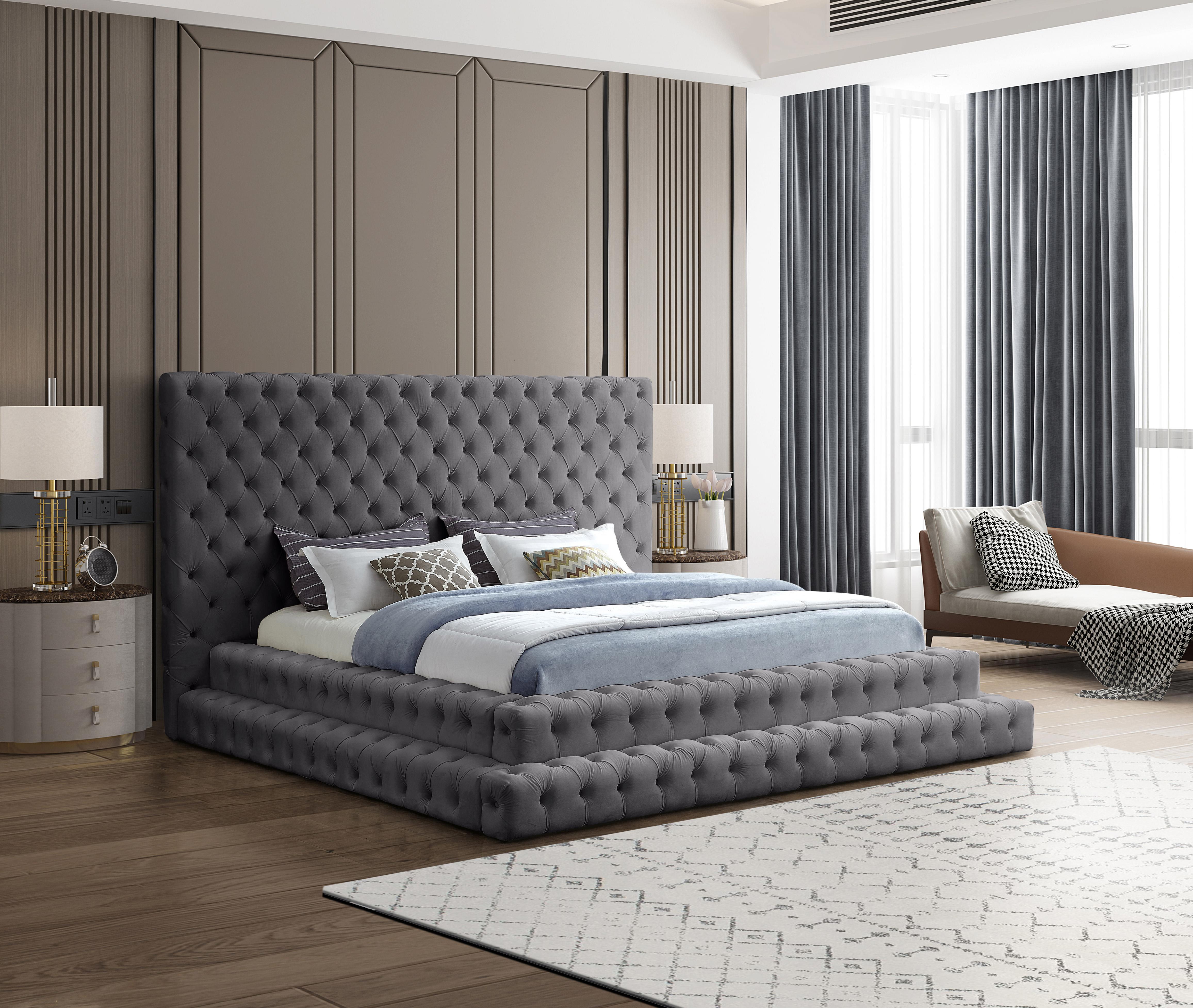 Revel Grey Velvet King Bed (3 Boxes) - Luxury Home Furniture (MI)