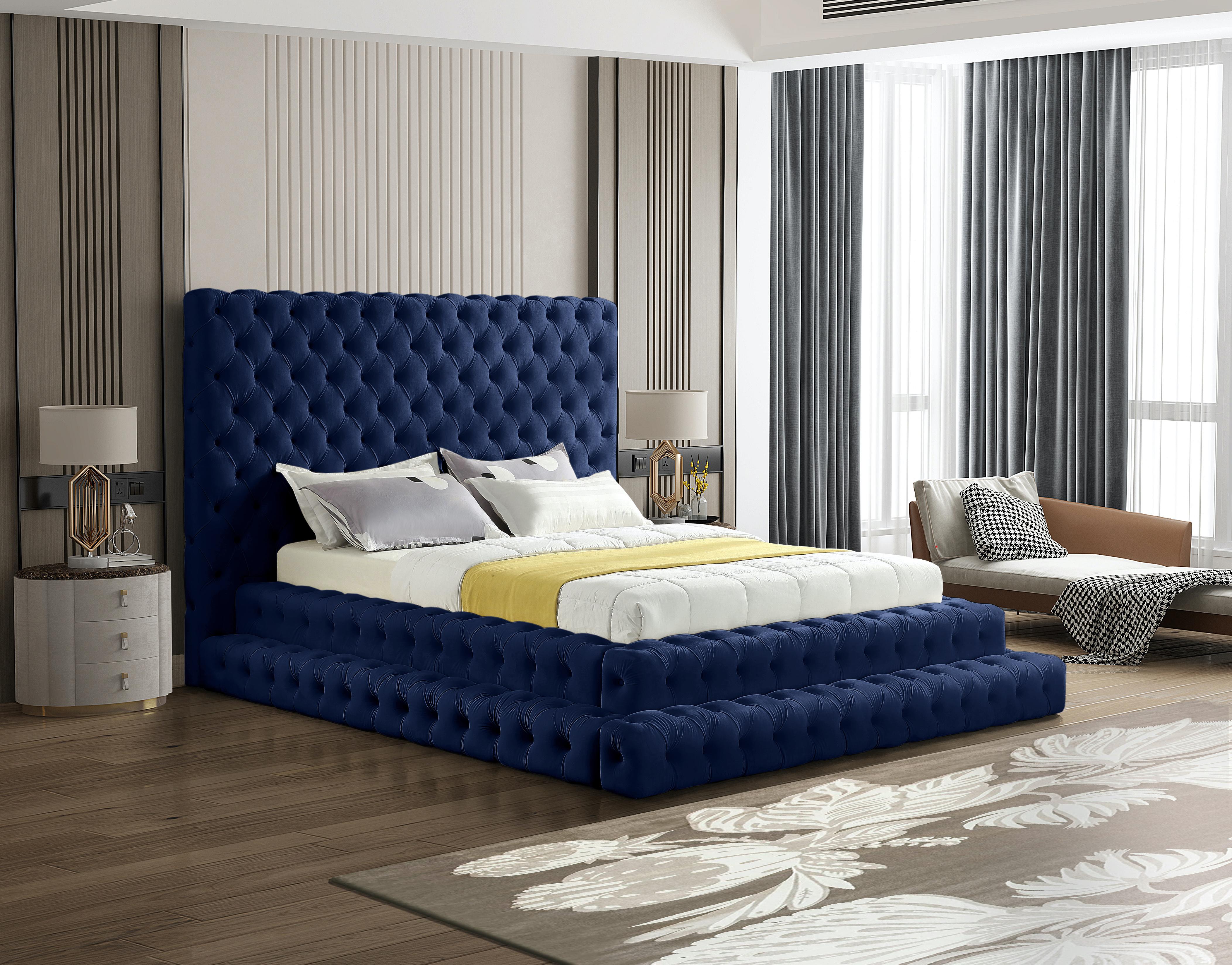 Revel Navy Velvet Queen Bed (3 Boxes) - Luxury Home Furniture (MI)