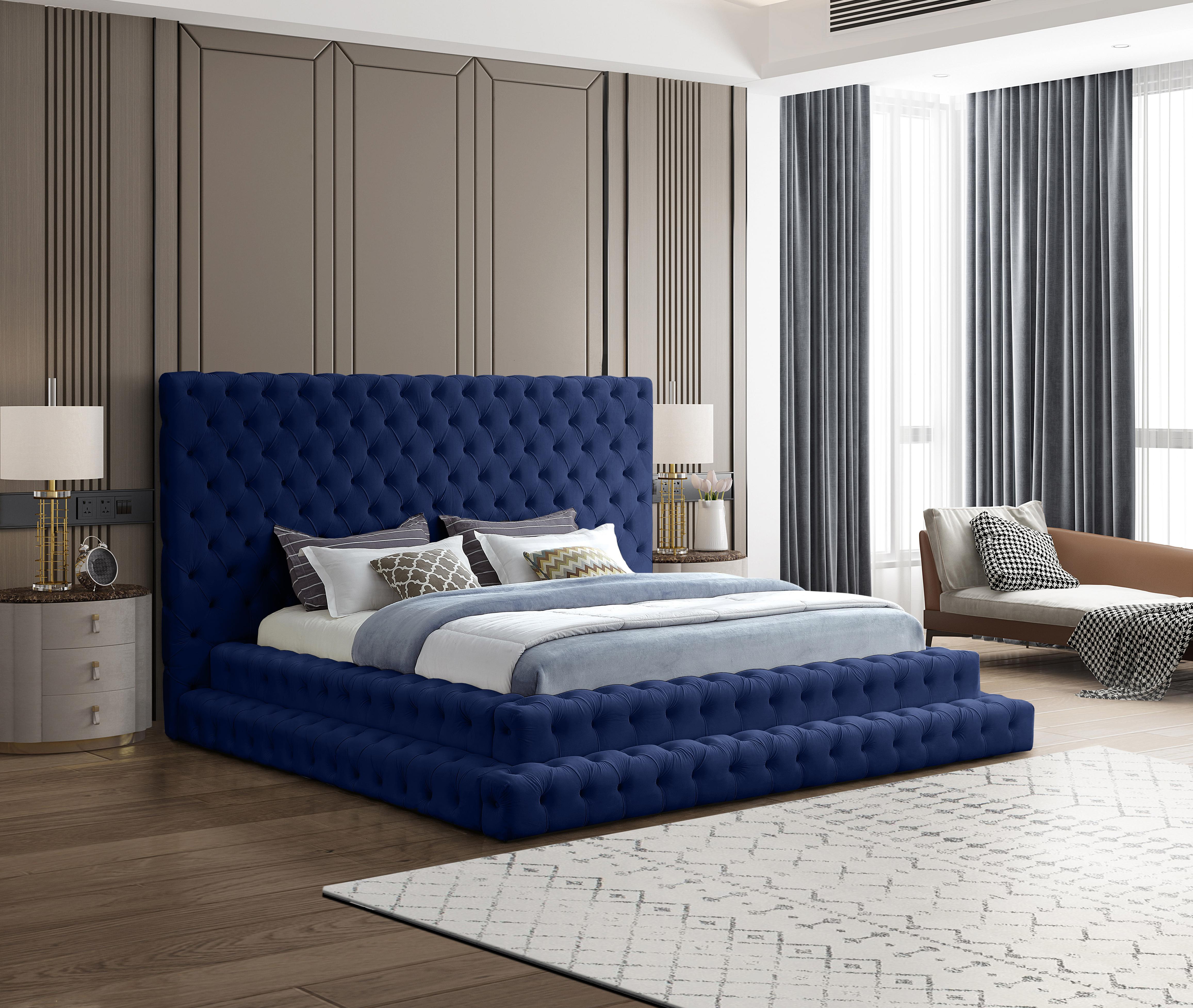 Revel Navy Velvet King Bed (3 Boxes) - Luxury Home Furniture (MI)