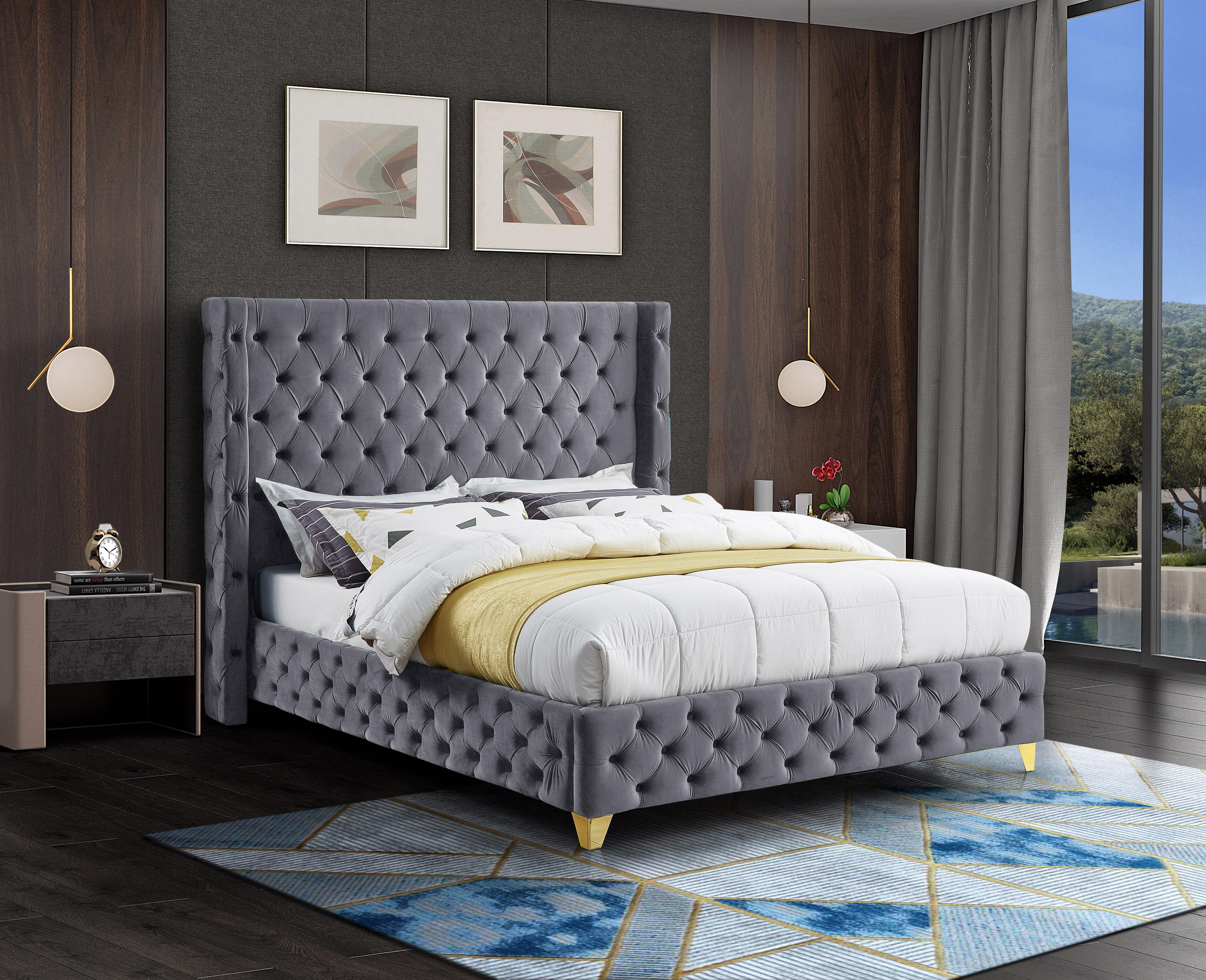 Savan Grey Velvet Queen Bed - Luxury Home Furniture (MI)