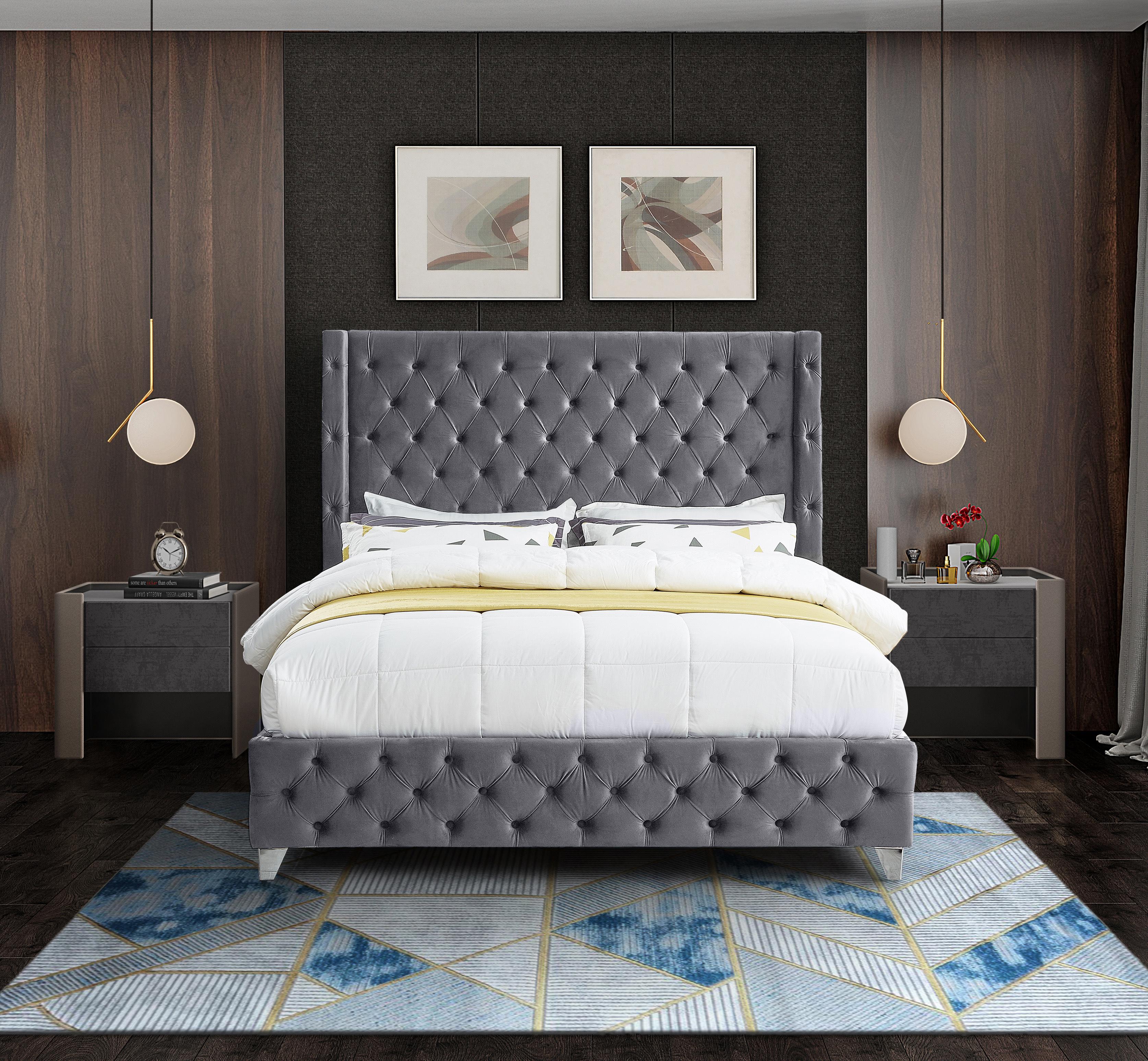 Savan Grey Velvet King Bed - Luxury Home Furniture (MI)