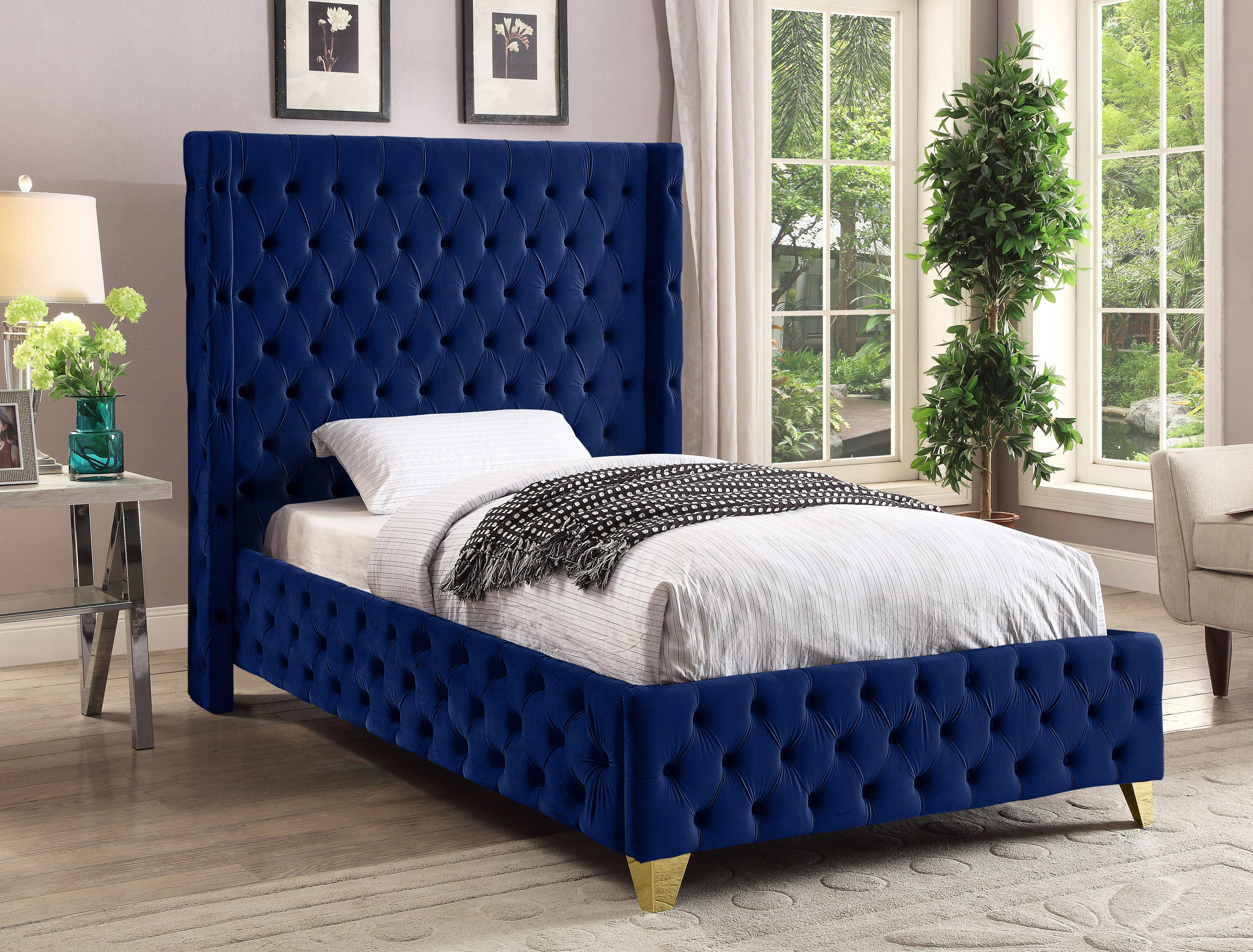Savan Navy Velvet Twin Bed - Luxury Home Furniture (MI)