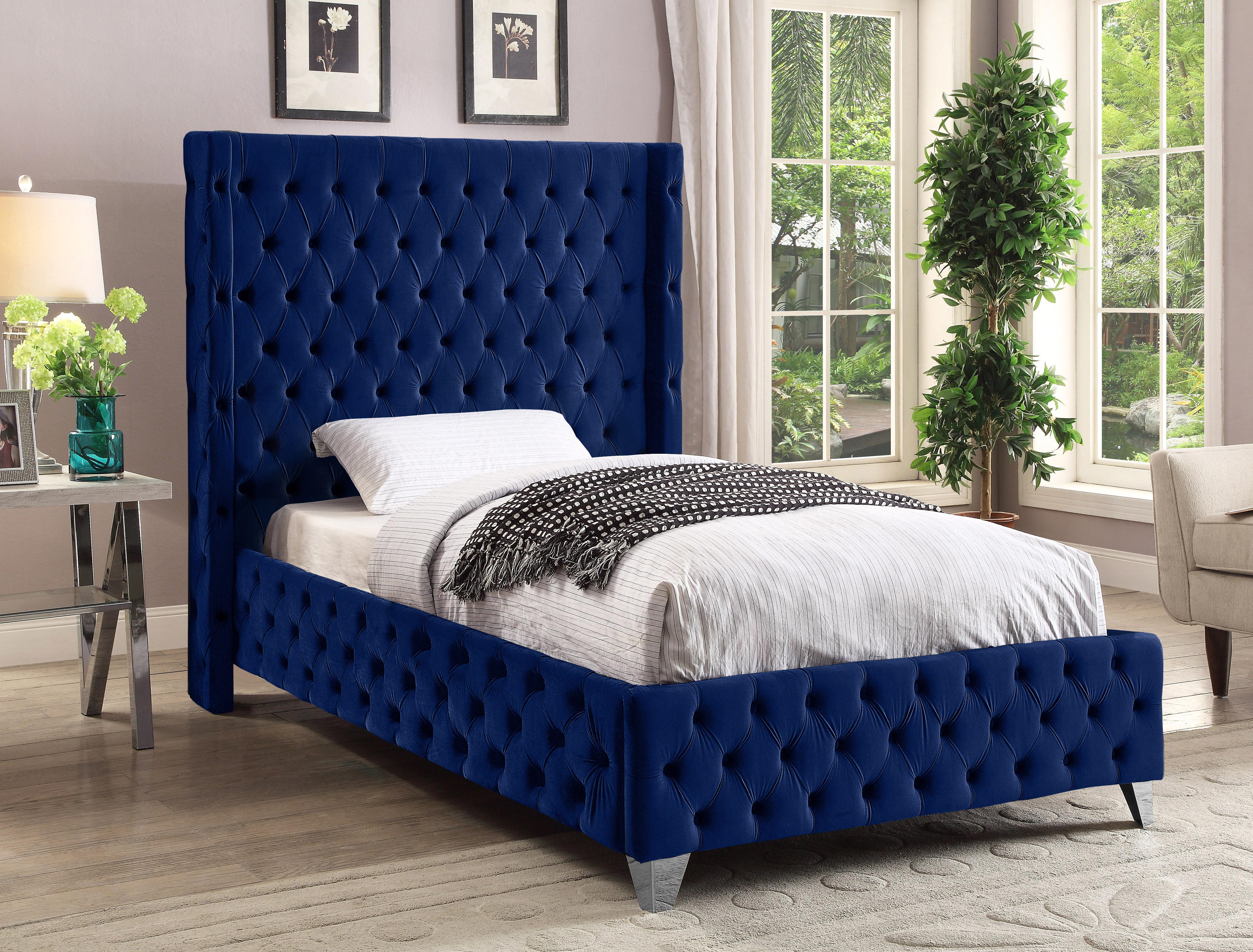 Savan Navy Velvet Twin Bed - Luxury Home Furniture (MI)