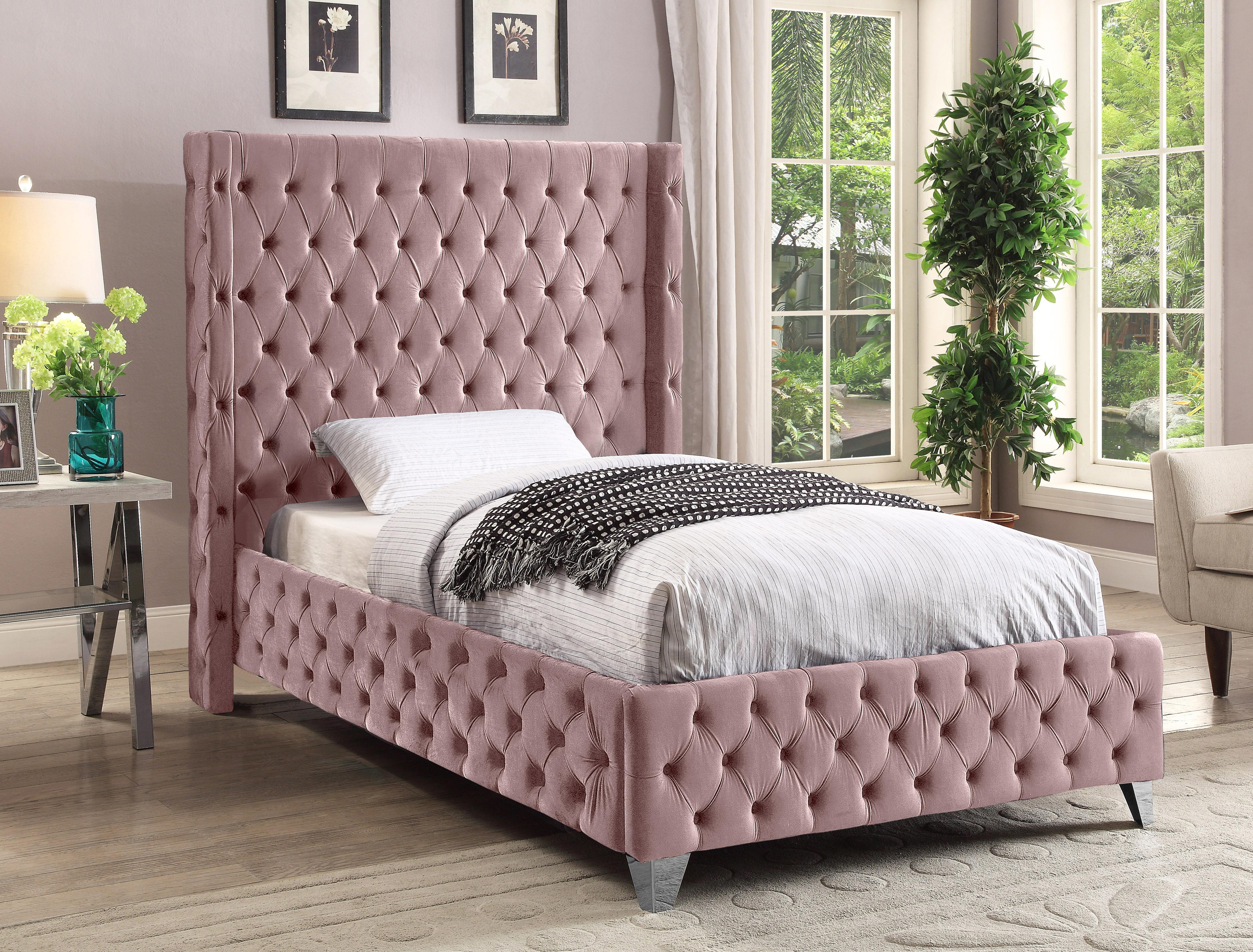 Savan Pink Velvet Twin Bed - Luxury Home Furniture (MI)