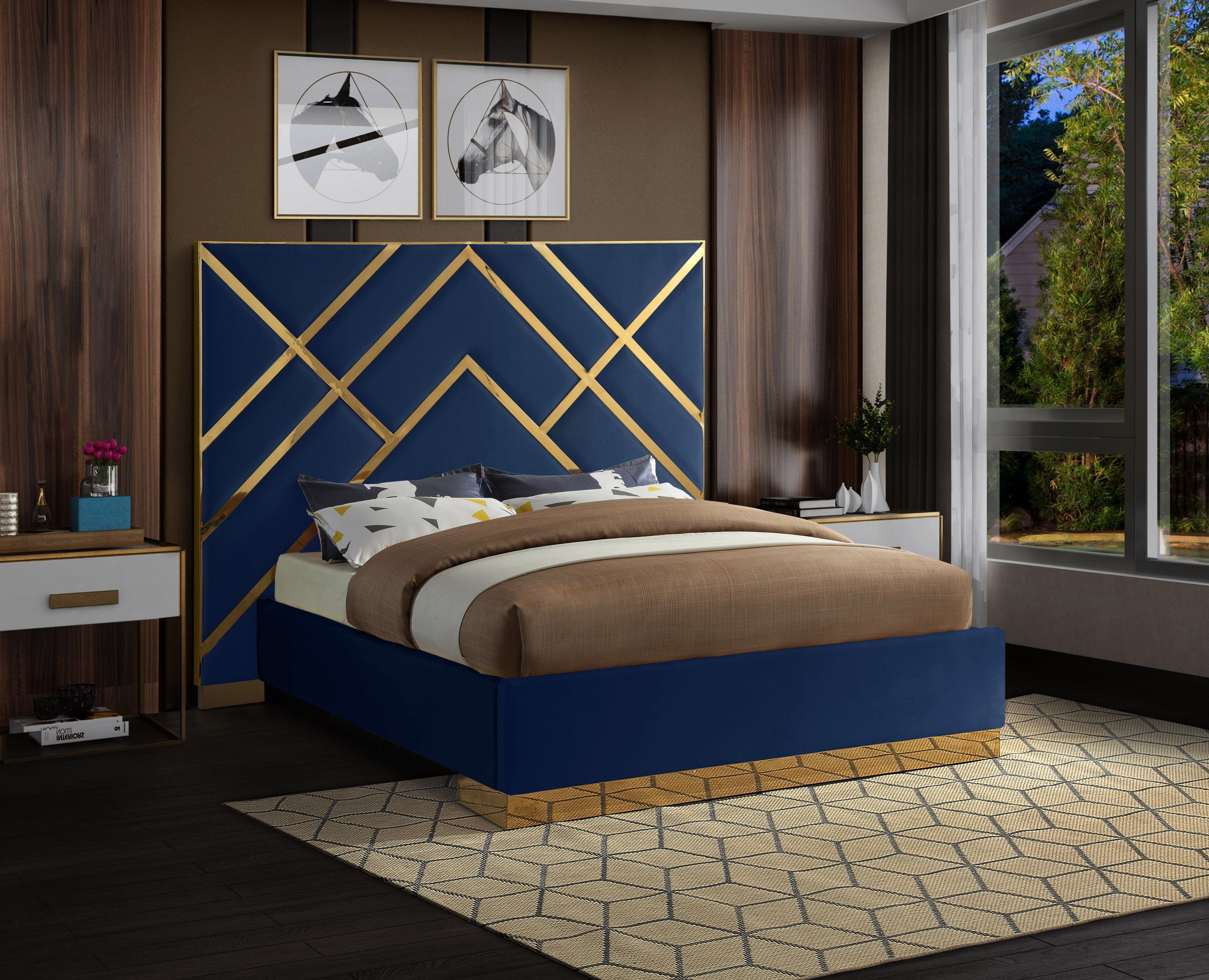 Vector Navy Velvet Queen Bed - Luxury Home Furniture (MI)