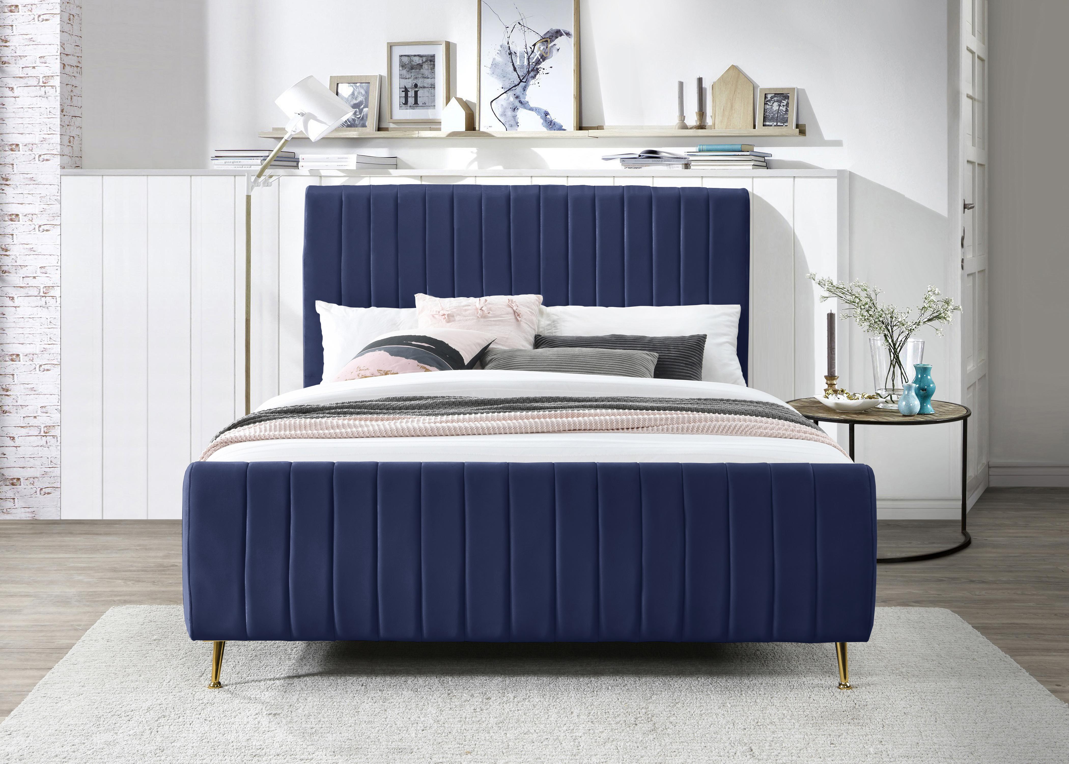 Zara Navy Velvet Queen Bed (3 Boxes) - Luxury Home Furniture (MI)
