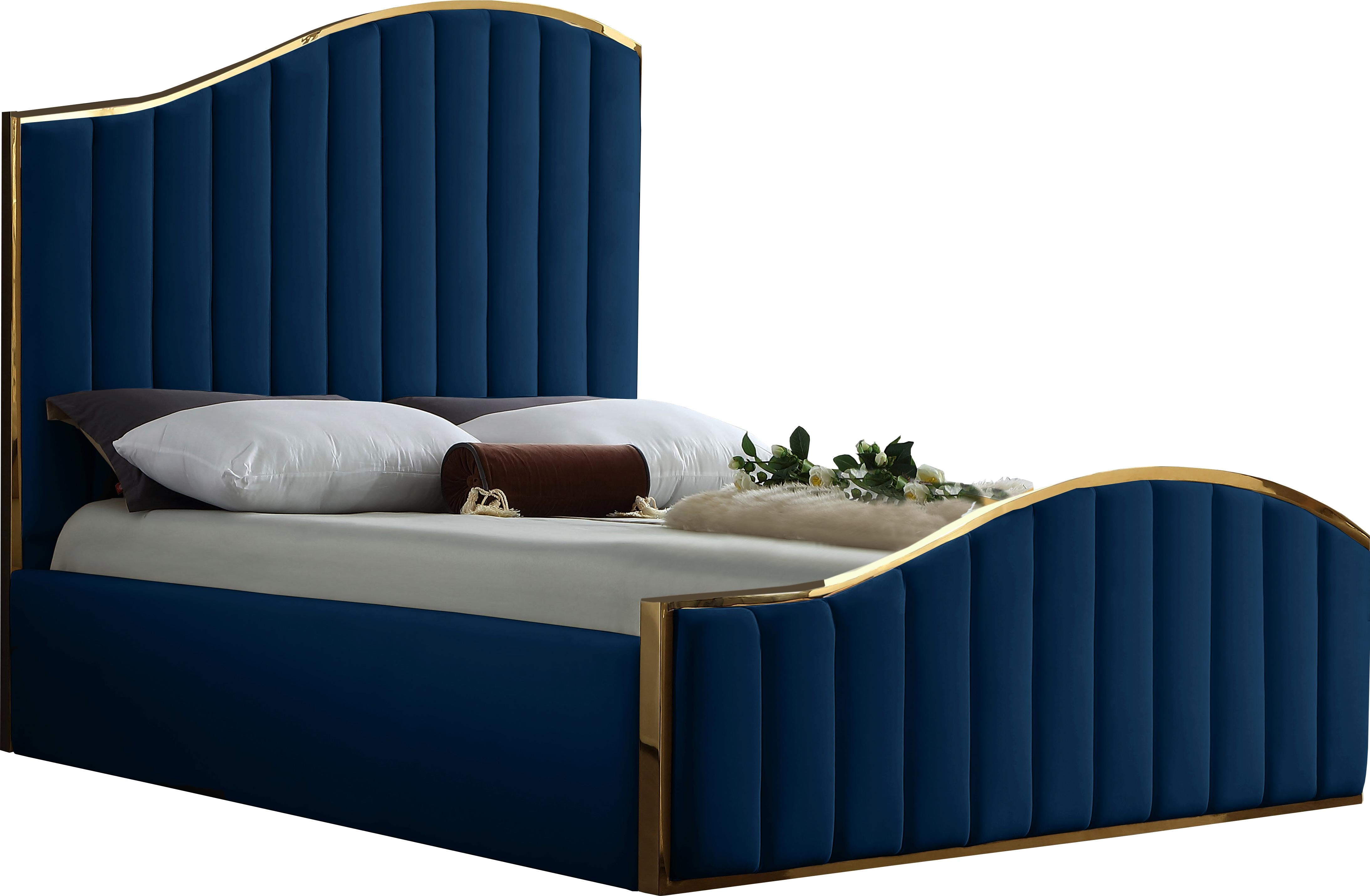Jolie Navy Velvet Queen Bed (3 Boxes) - Luxury Home Furniture (MI)