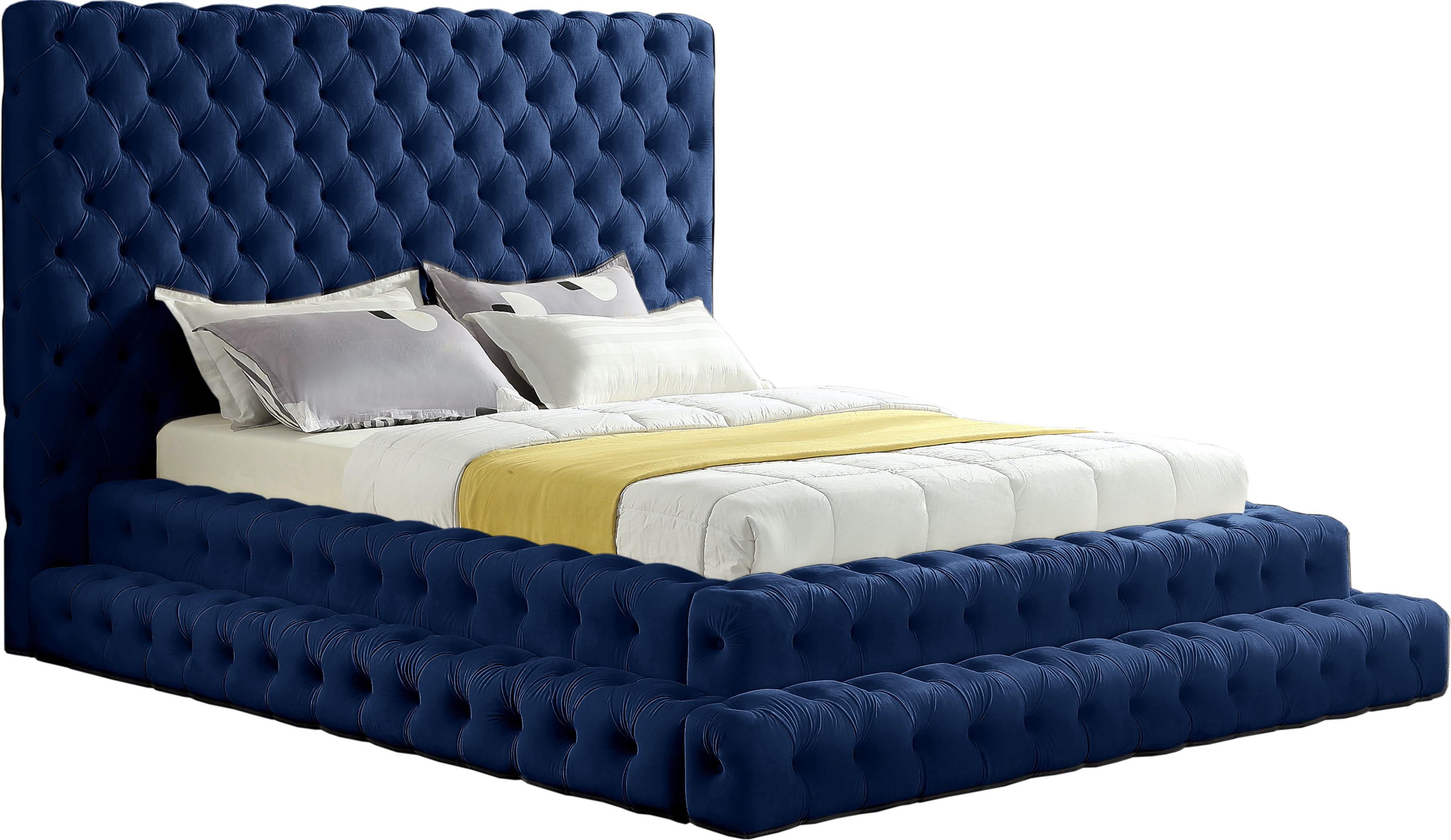 Revel Navy Velvet Queen Bed (3 Boxes) - Luxury Home Furniture (MI)