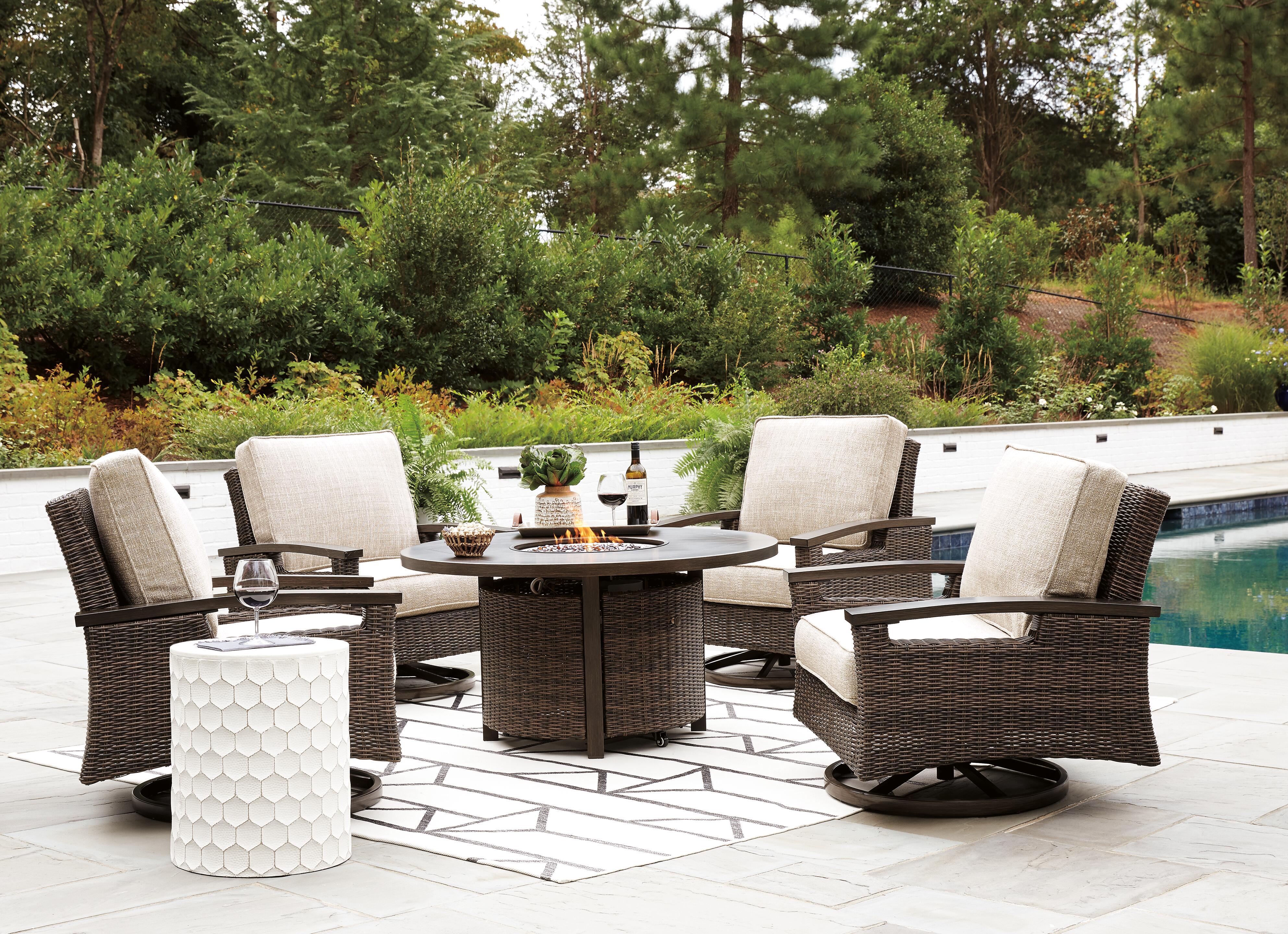 Paradise Trail Paradise Trail Fire Pit Table with 4 Nuvella Swivel Lounge Chairs - Luxury Home Furniture (MI)
