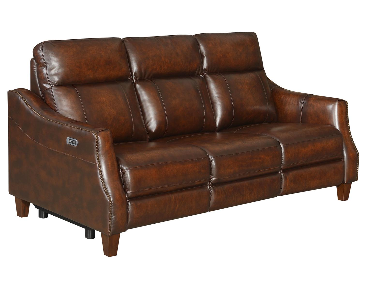 Steve Silver Akari Leather Dual Power Reclining Sofa w/ Dropdown Console in English Chestnut - Luxury Home Furniture (MI)