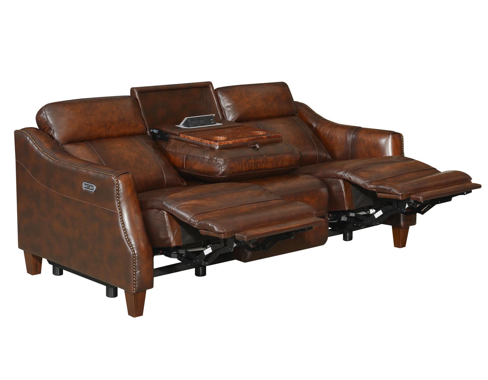 Steve Silver Akari Leather Dual Power Reclining Sofa w/ Dropdown Console in English Chestnut - Luxury Home Furniture (MI)