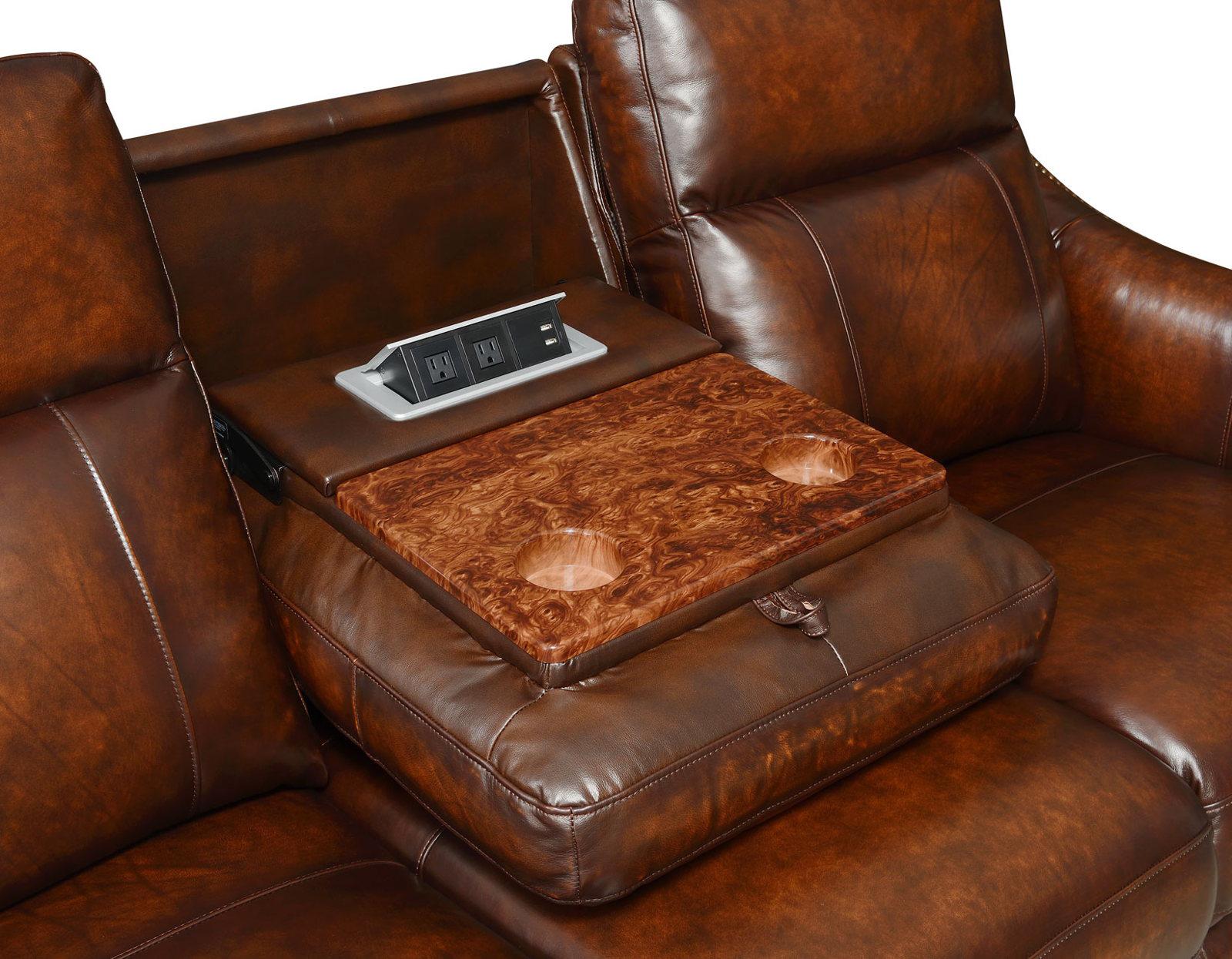 Steve Silver Akari Leather Dual Power Reclining Sofa w/ Dropdown Console in English Chestnut - Luxury Home Furniture (MI)