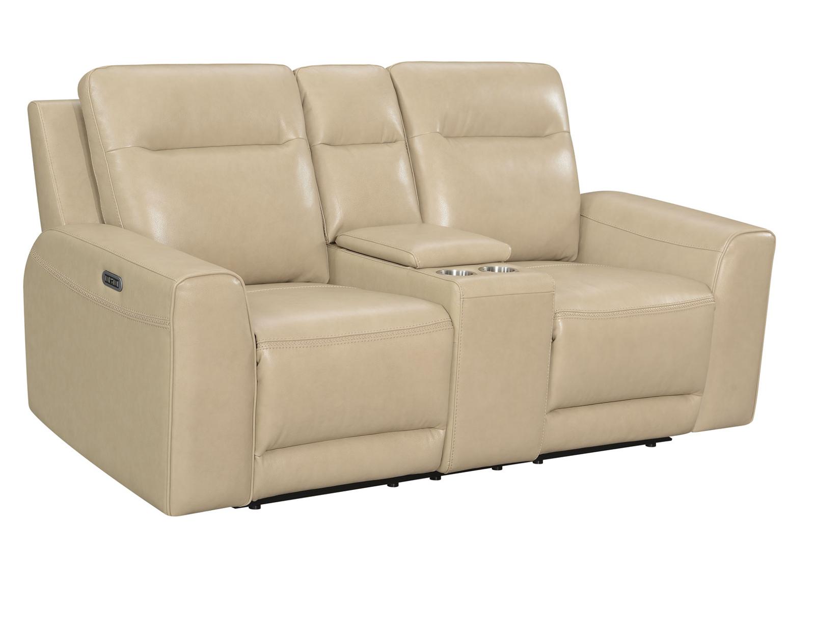 Steve Silver Doncella Leather Dual Power Reclining Console Loveseat in Surly Sand - Luxury Home Furniture (MI)
