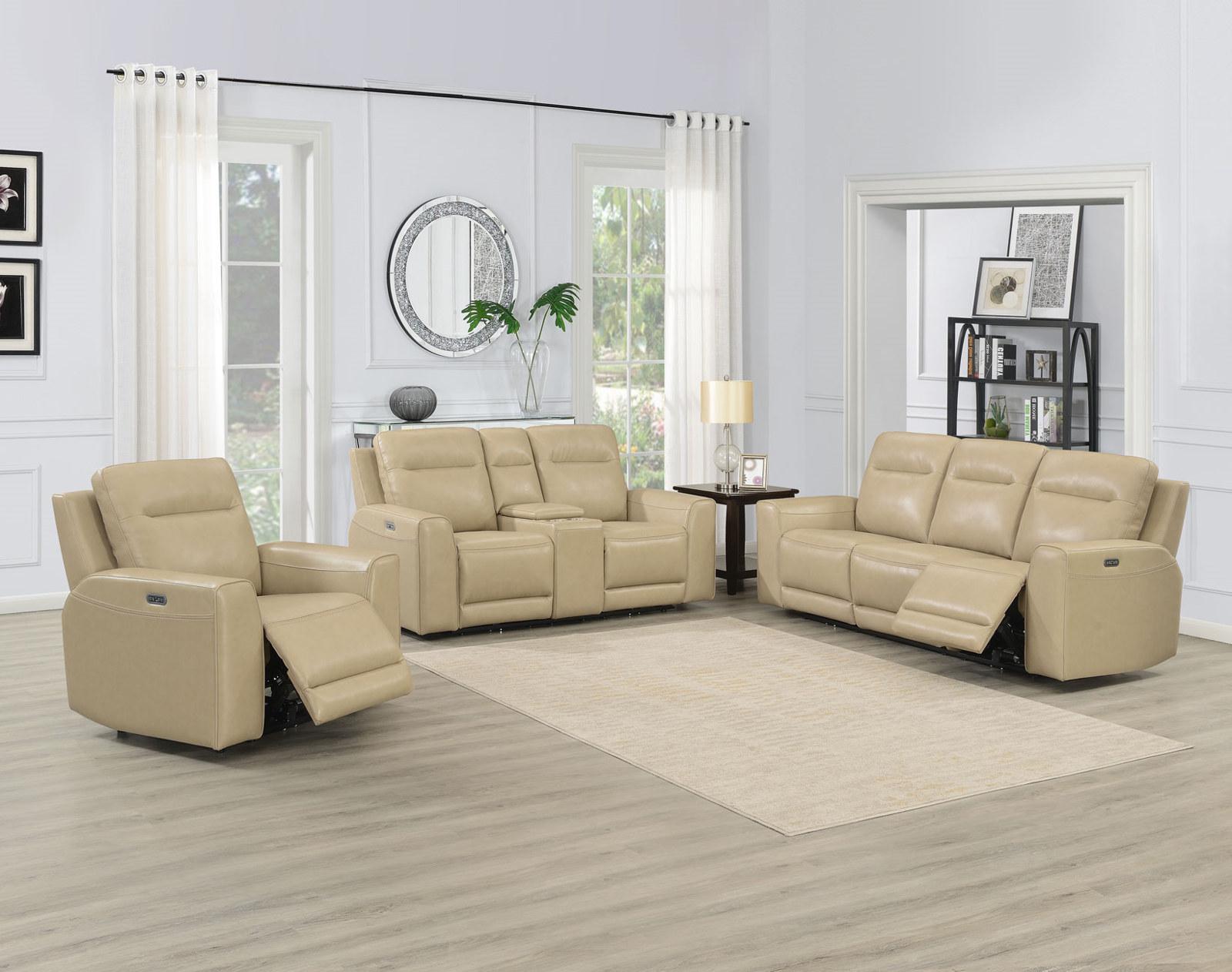 Steve Silver Doncella Leather Dual Power Reclining Console Loveseat in Surly Sand - Luxury Home Furniture (MI)