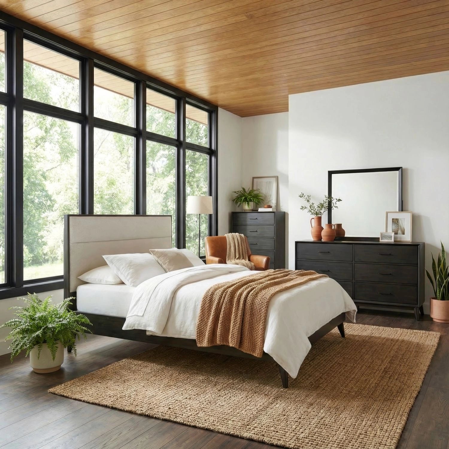 Century Modern Uph Platform Bed, Dresser & Mirror, Chest image